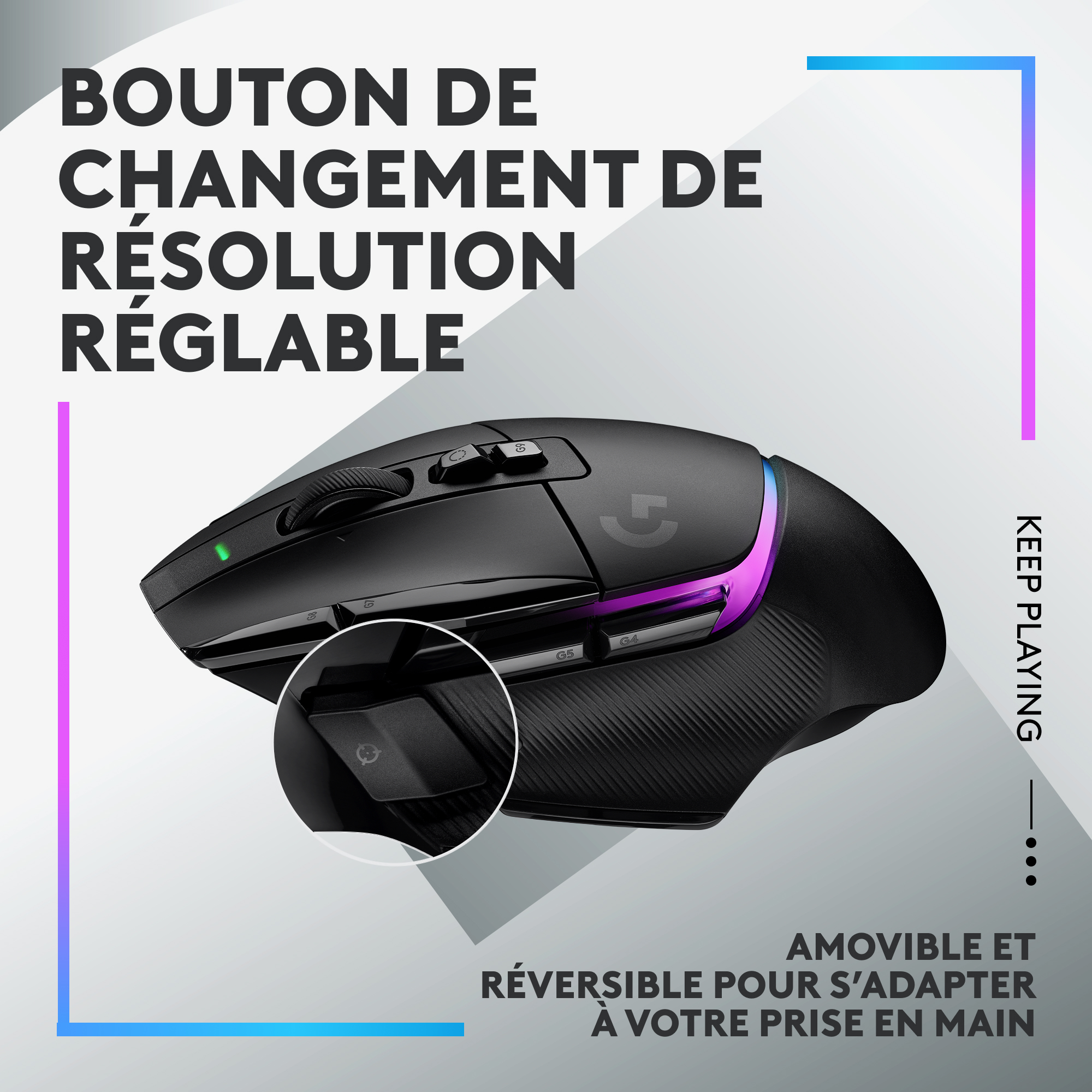 Une souris de jeu noire avec du texte et une vue détaillée sur fond blanc.
