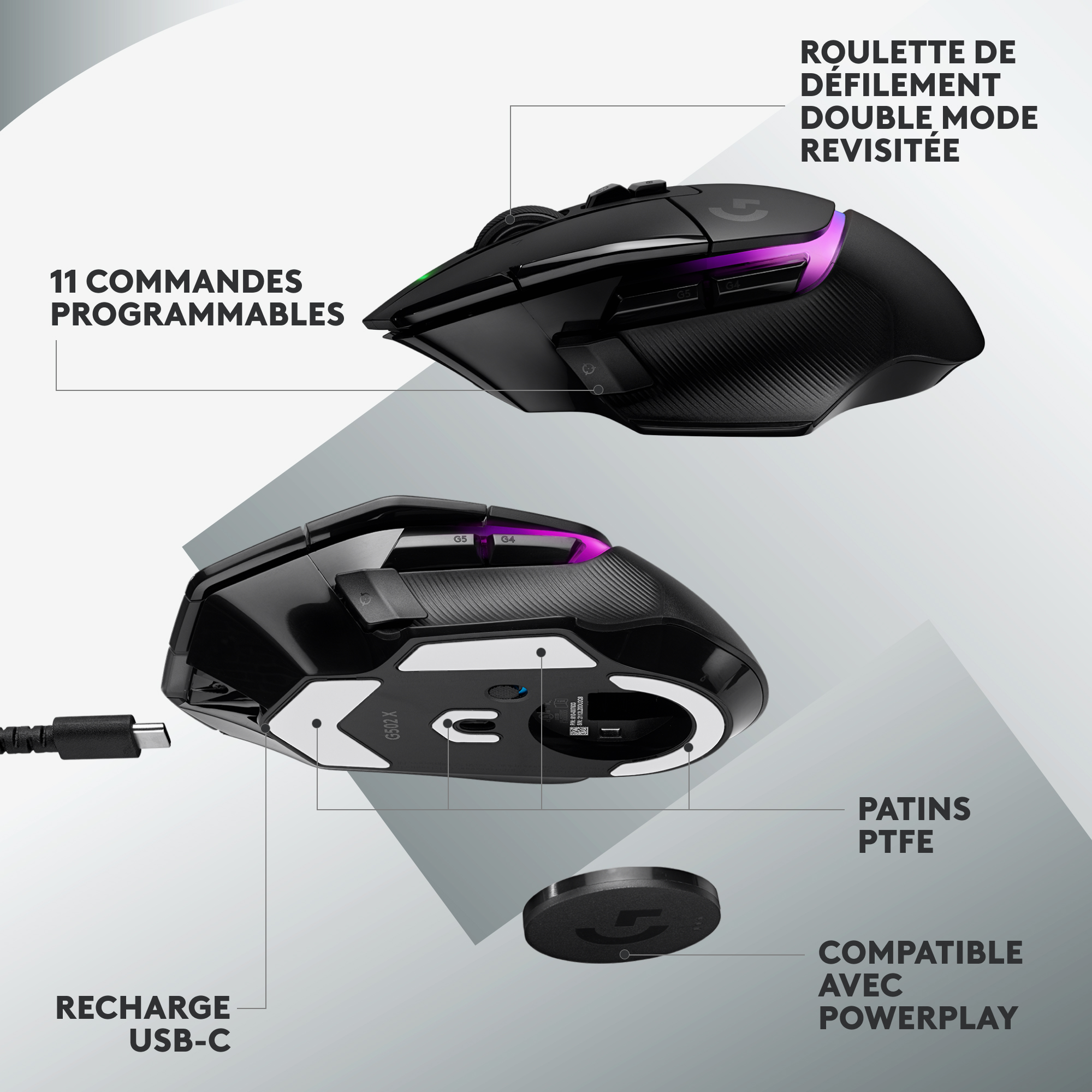 Souris gaming noire, vues de dessus et de dessous. Recharge USB-C.