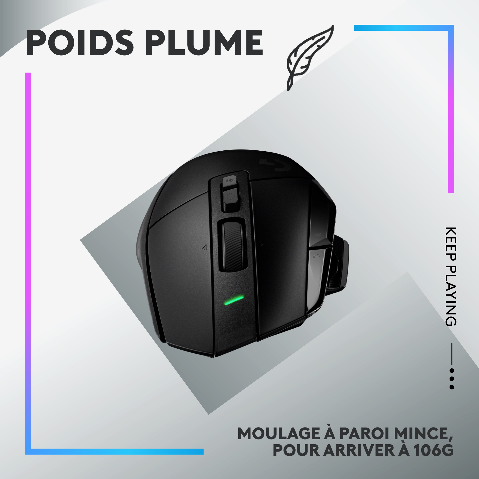 Souris d'ordinateur noire avec texte et graphique de plume sur fond coloré.