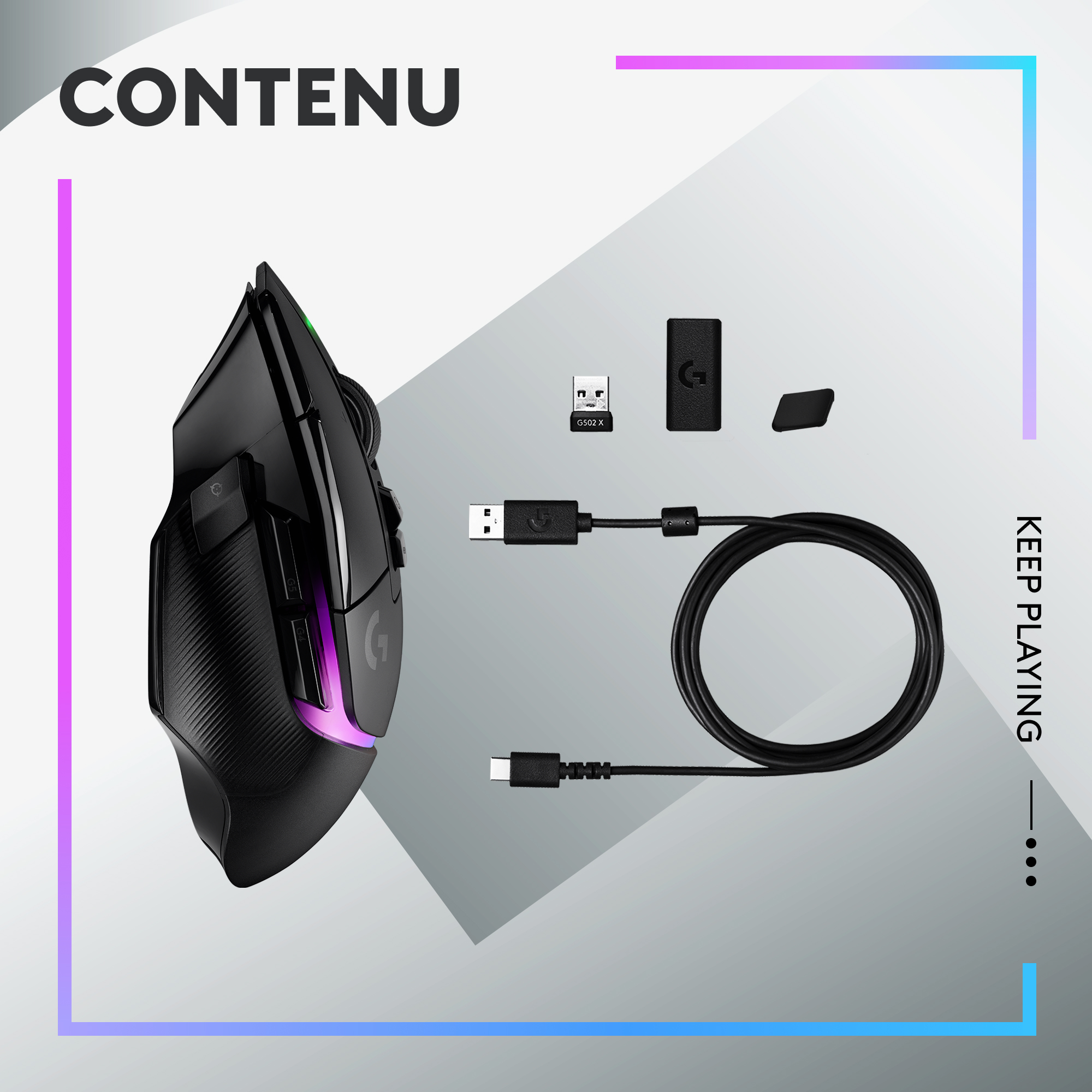 Souris gaming noire avec câble USB, récepteur sans fil et autres accessoires.