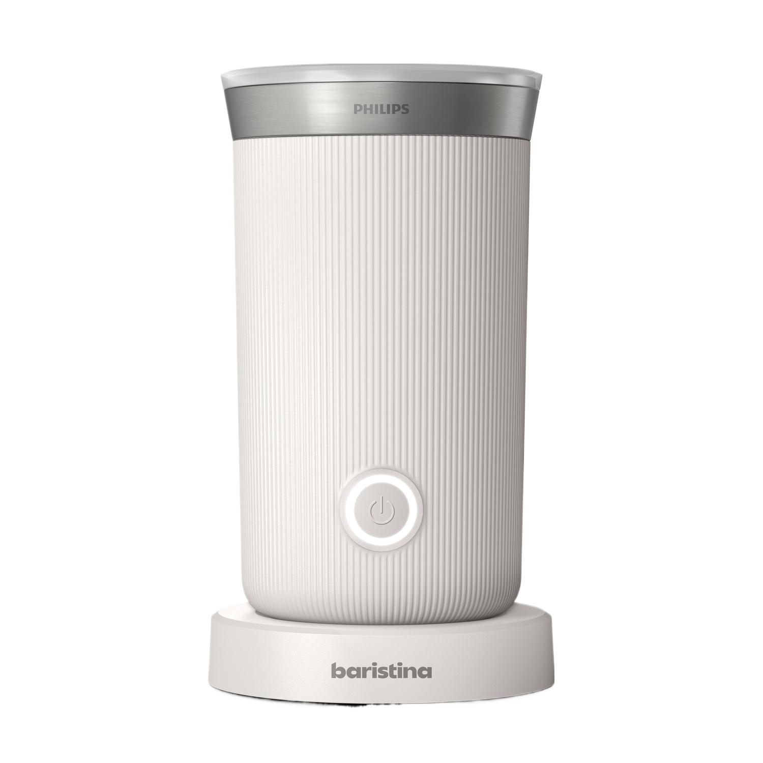 Witte Philips Baristina melkopschuimer op een witte basis, met zilveren bovenkant.