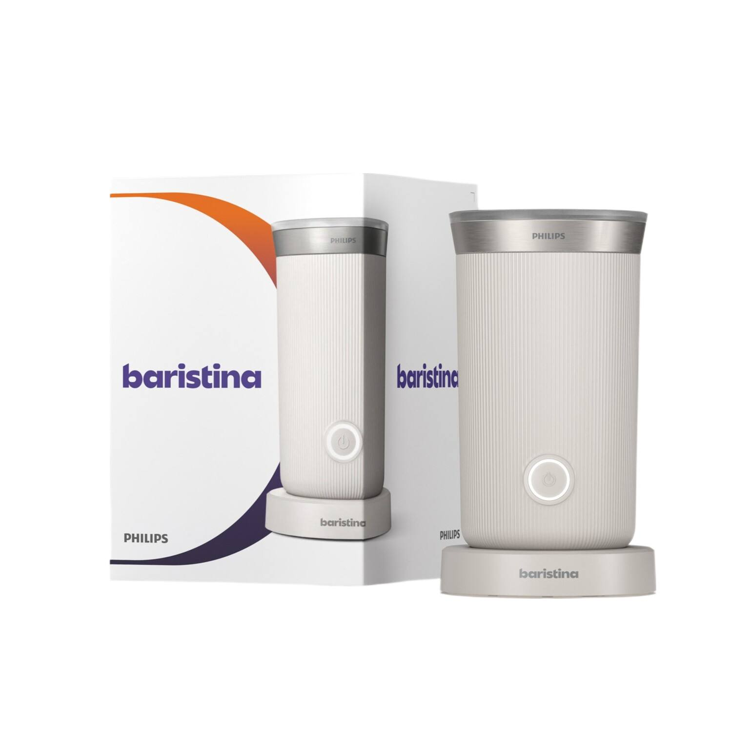 Twee witte en zilveren barista-machines met een doos, allemaal op een wit oppervlak.