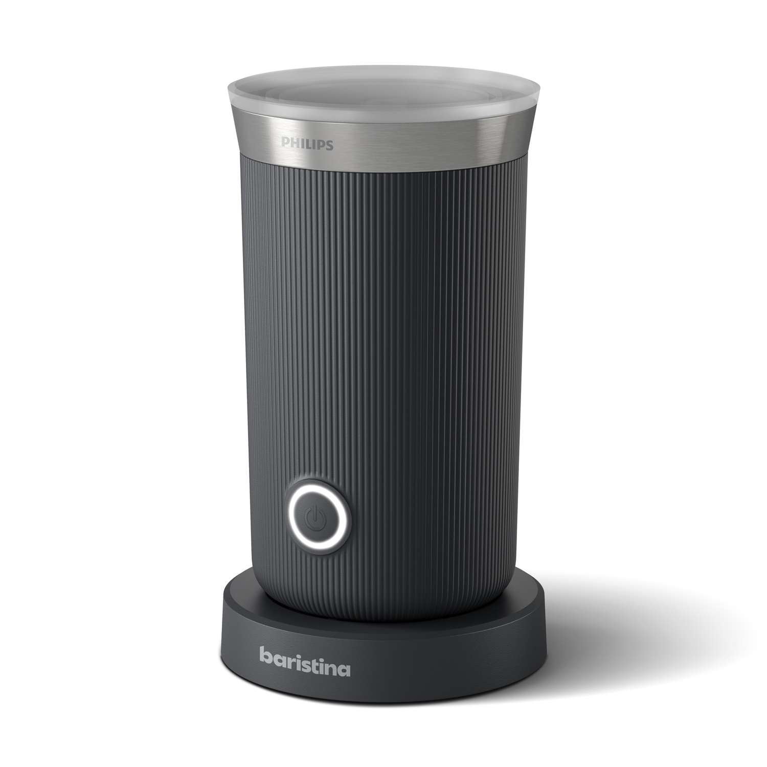 A black and silver Philips Baristina coffee maker. It has a round base and a silver top.