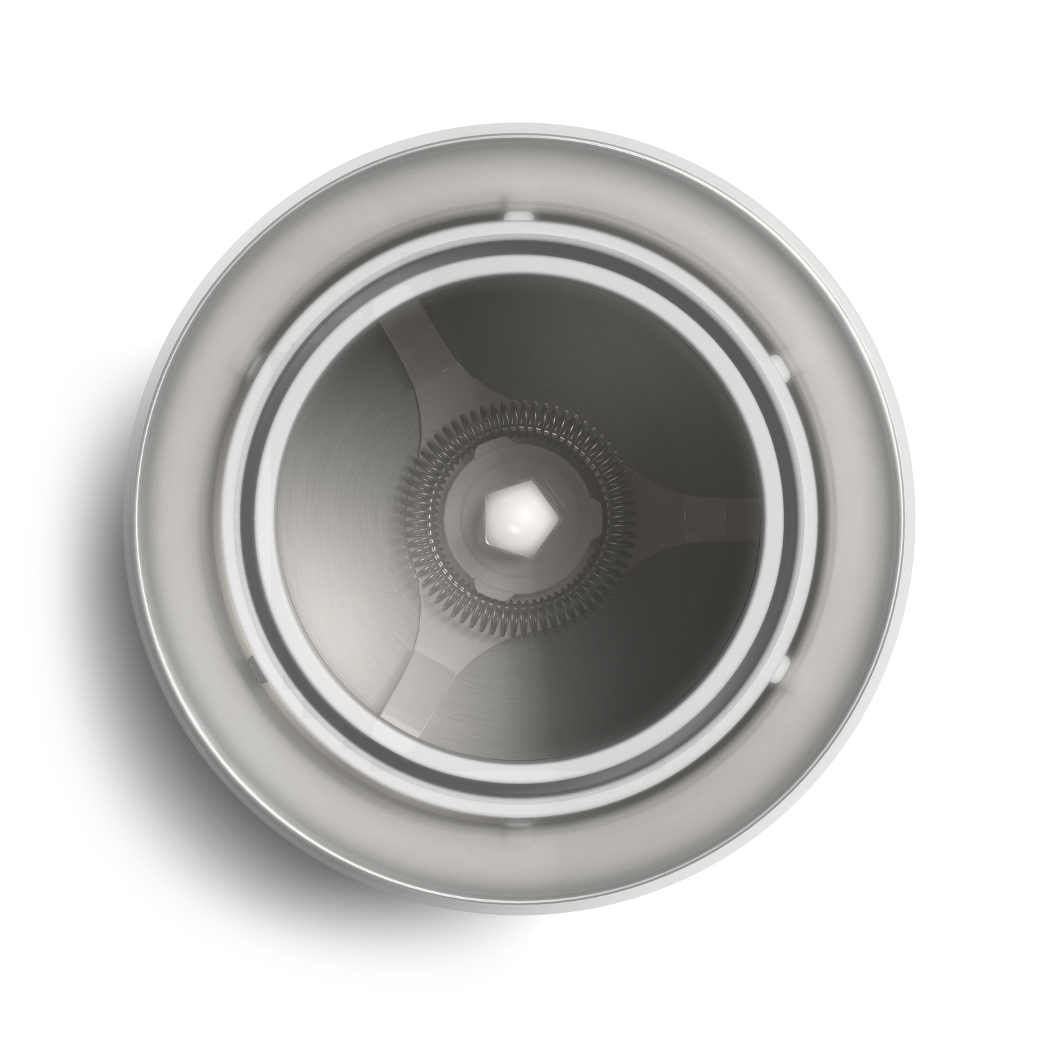 Top view of the inside of a metallic blender. White background.