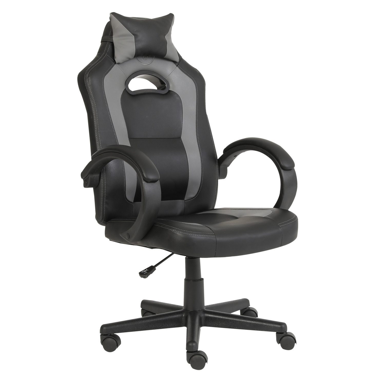 Chaise de jeu, noire et grise. Appui-tête, accoudoirs et base noire avec roulettes. Fond blanc.