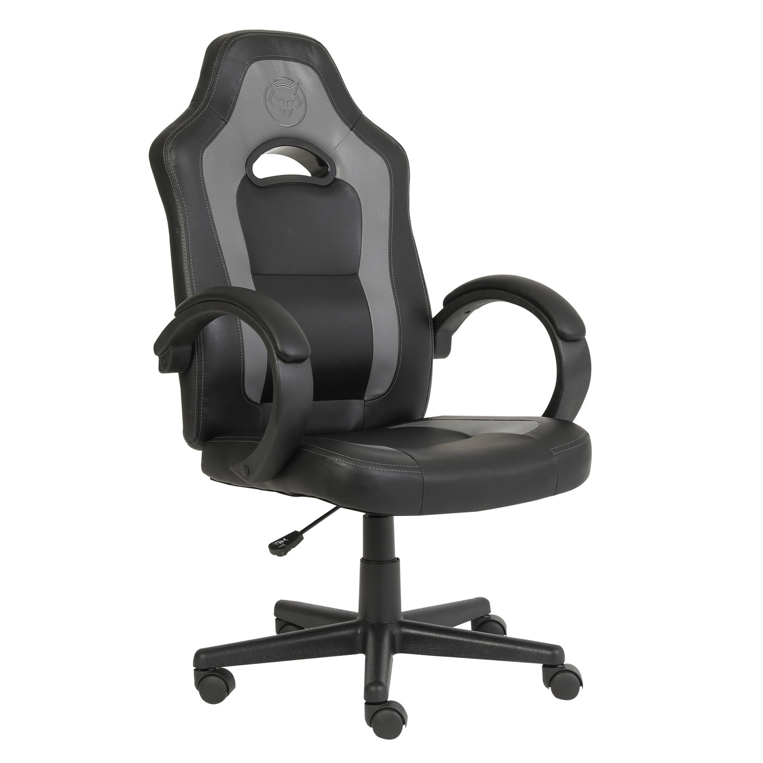 Chaise gaming noire et grise avec appuie-tête, accoudoirs et base avec roues.