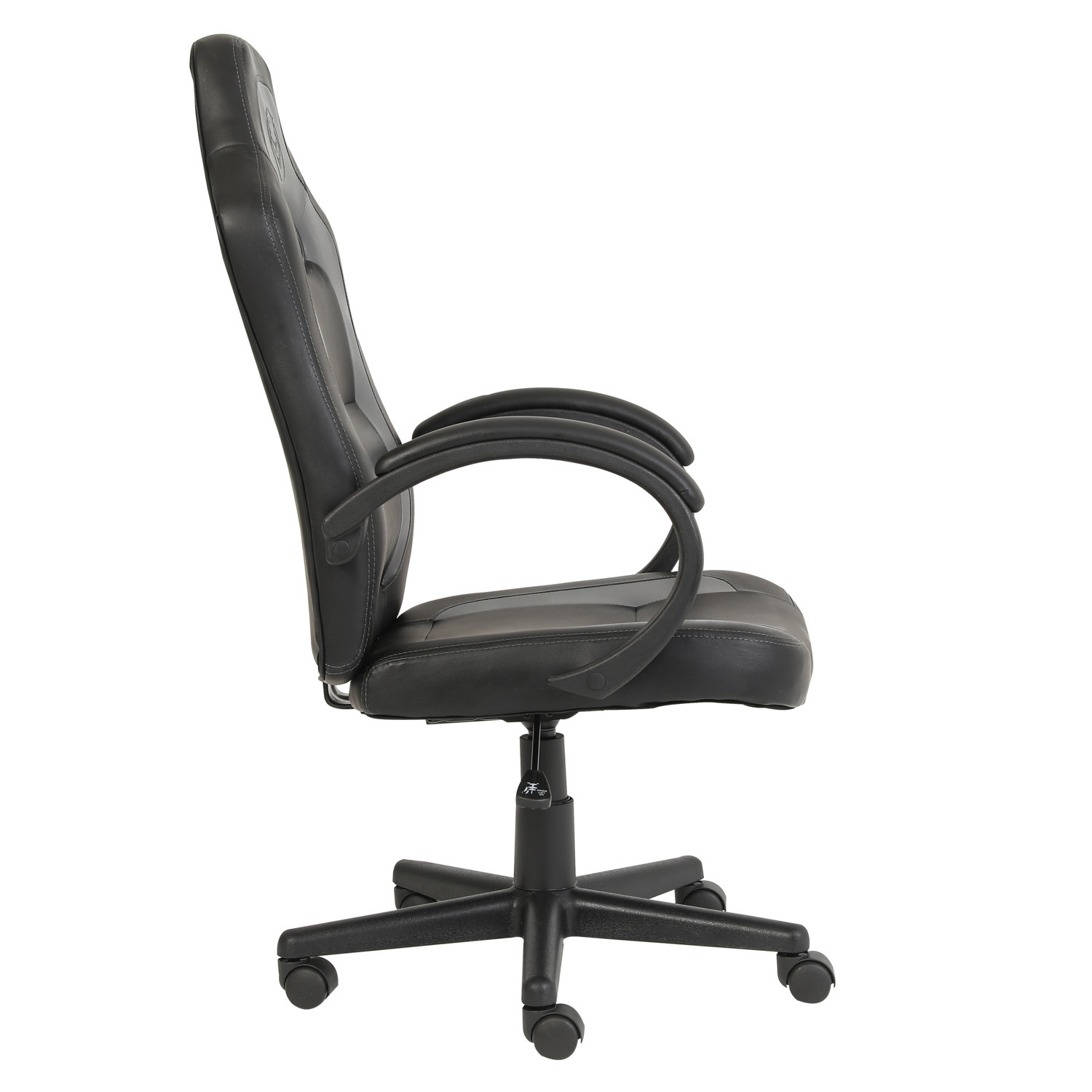 Chaise gaming noire, vue latérale. Accoudoirs noirs, base cinq roues. Fond blanc.