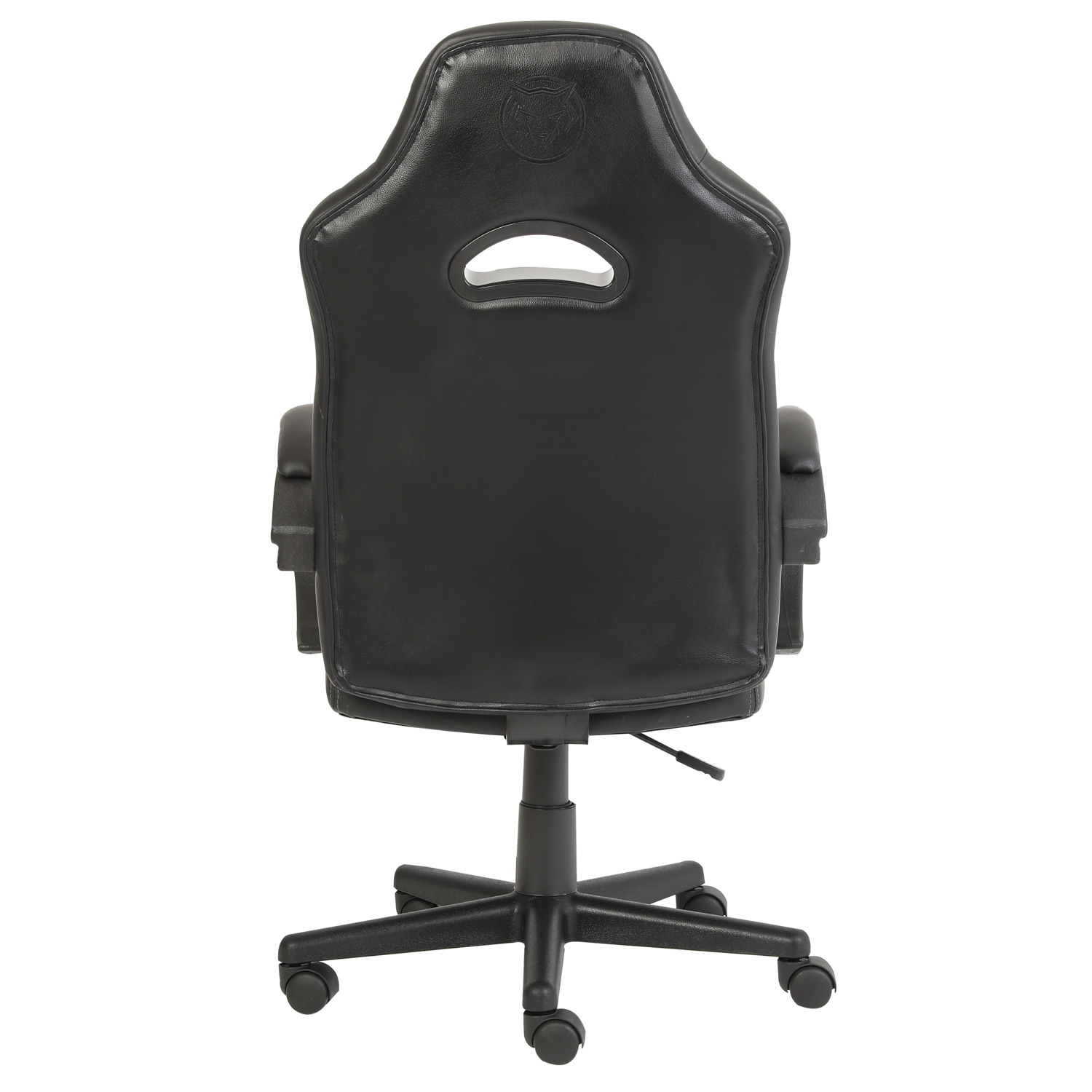 Chaise de jeu noire vue de dos. Elle a une découpe et des roues.
