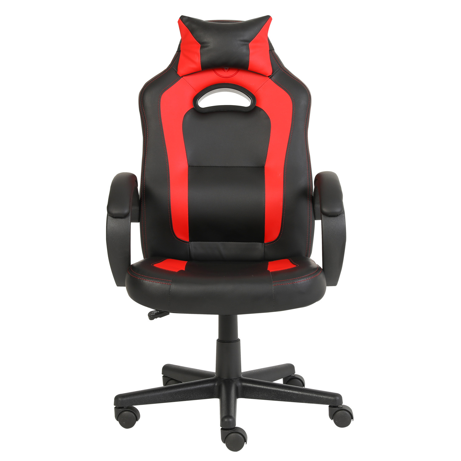 A black and red gaming chair with a headrest and armrests. It is against a white background.