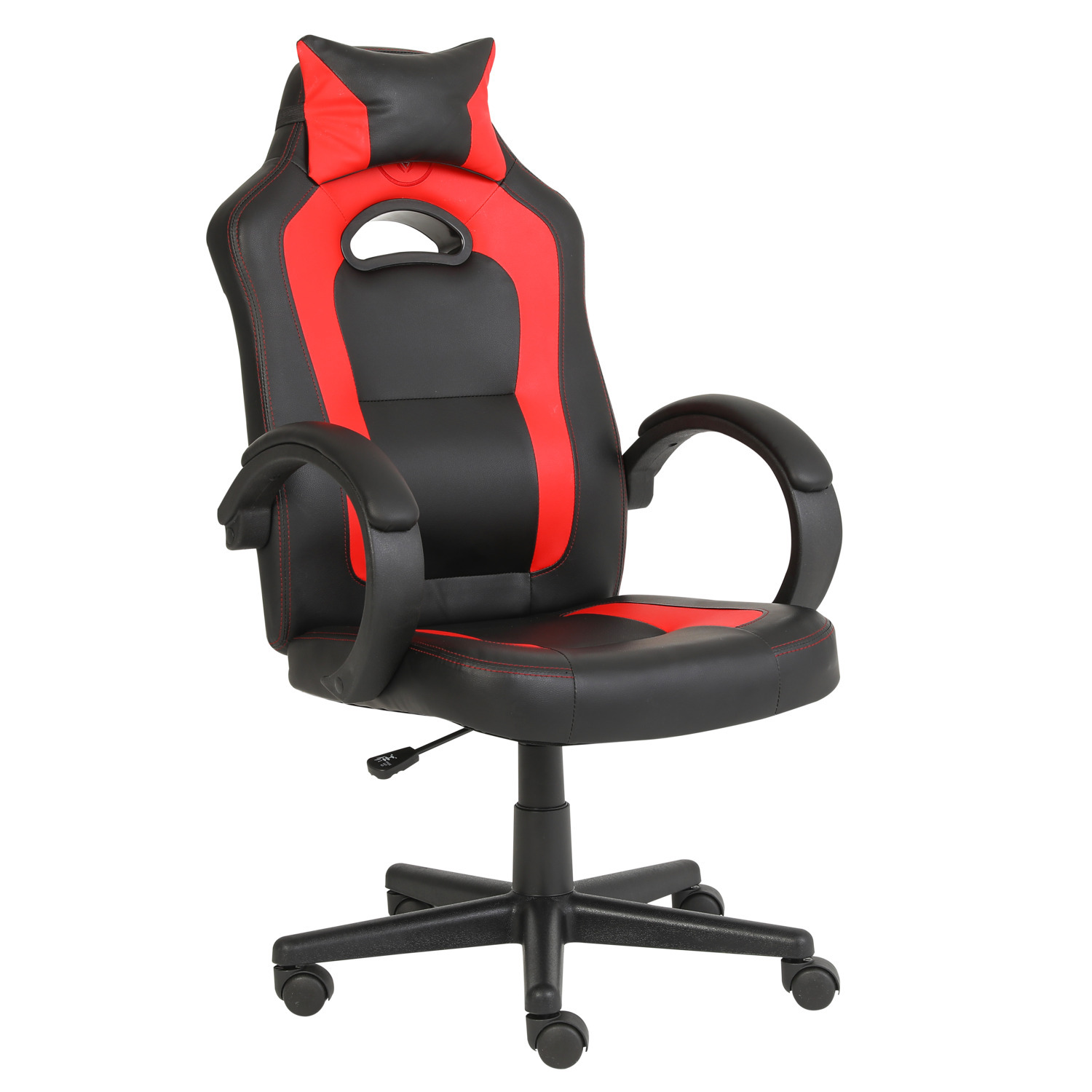 Black and red gaming chair with a headrest, back support, armrests, and a black base.