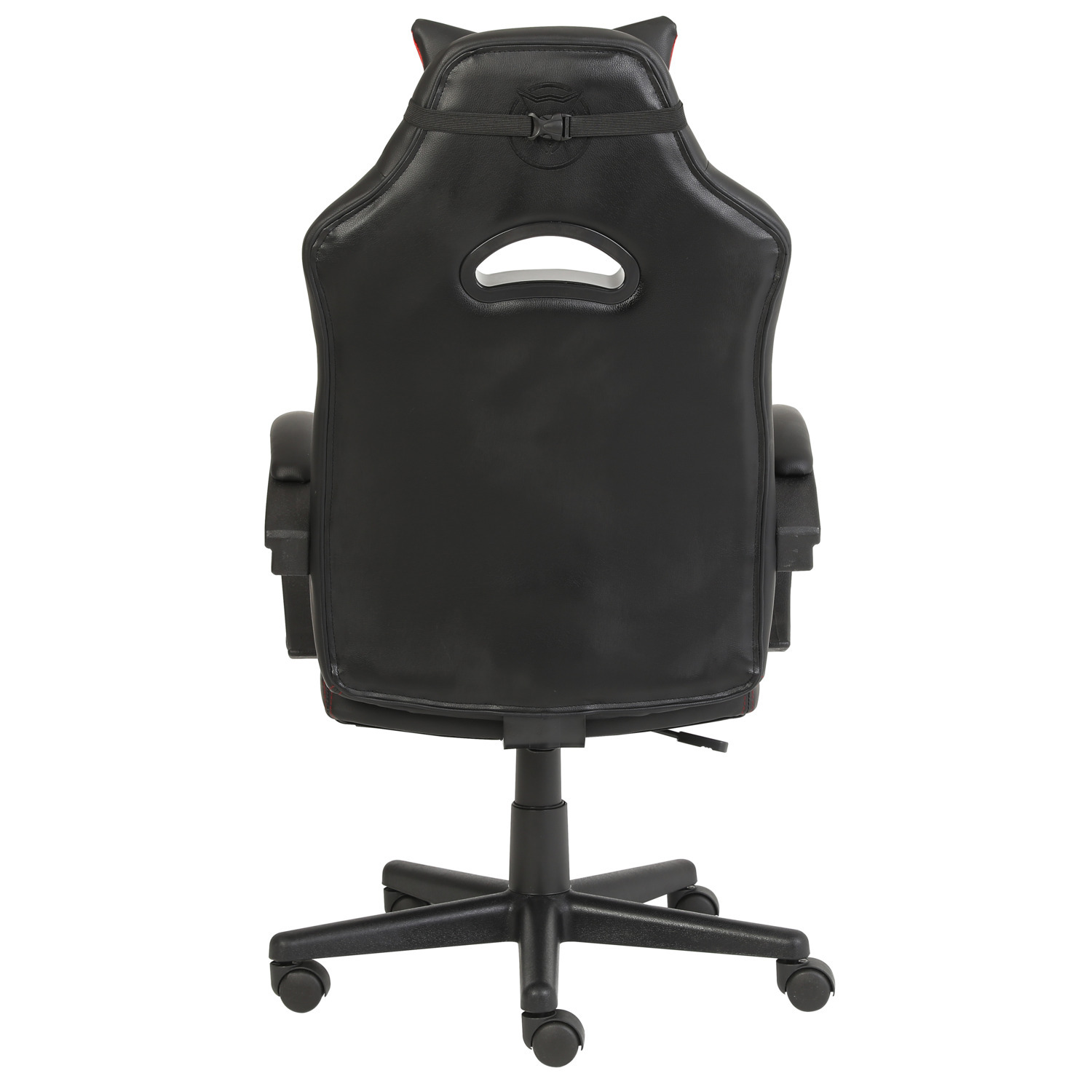 A black gaming chair's back view. It has a red accent and is on a black base.
