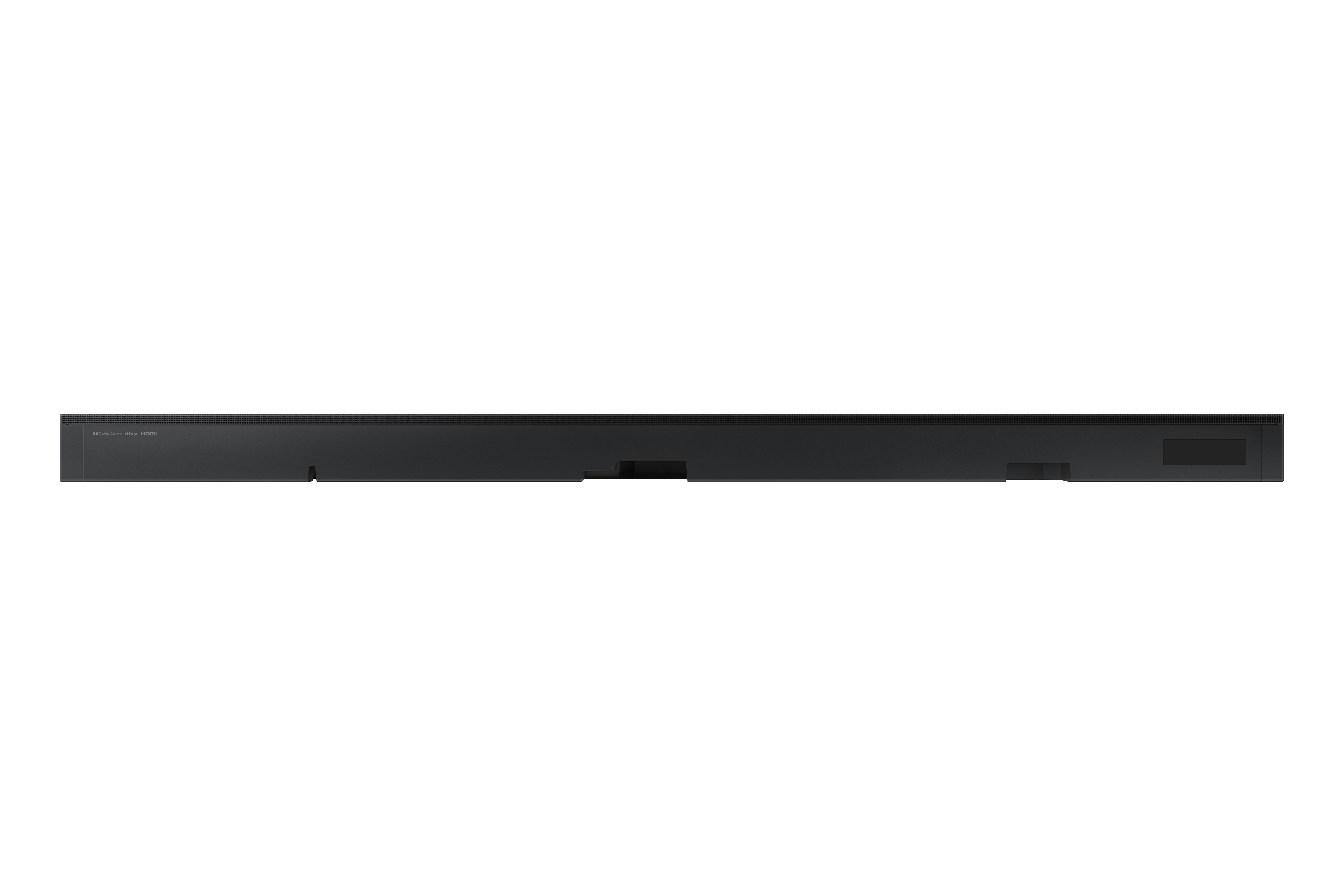 Schwarze Soundbar mit Text auf weißem Hintergrund.