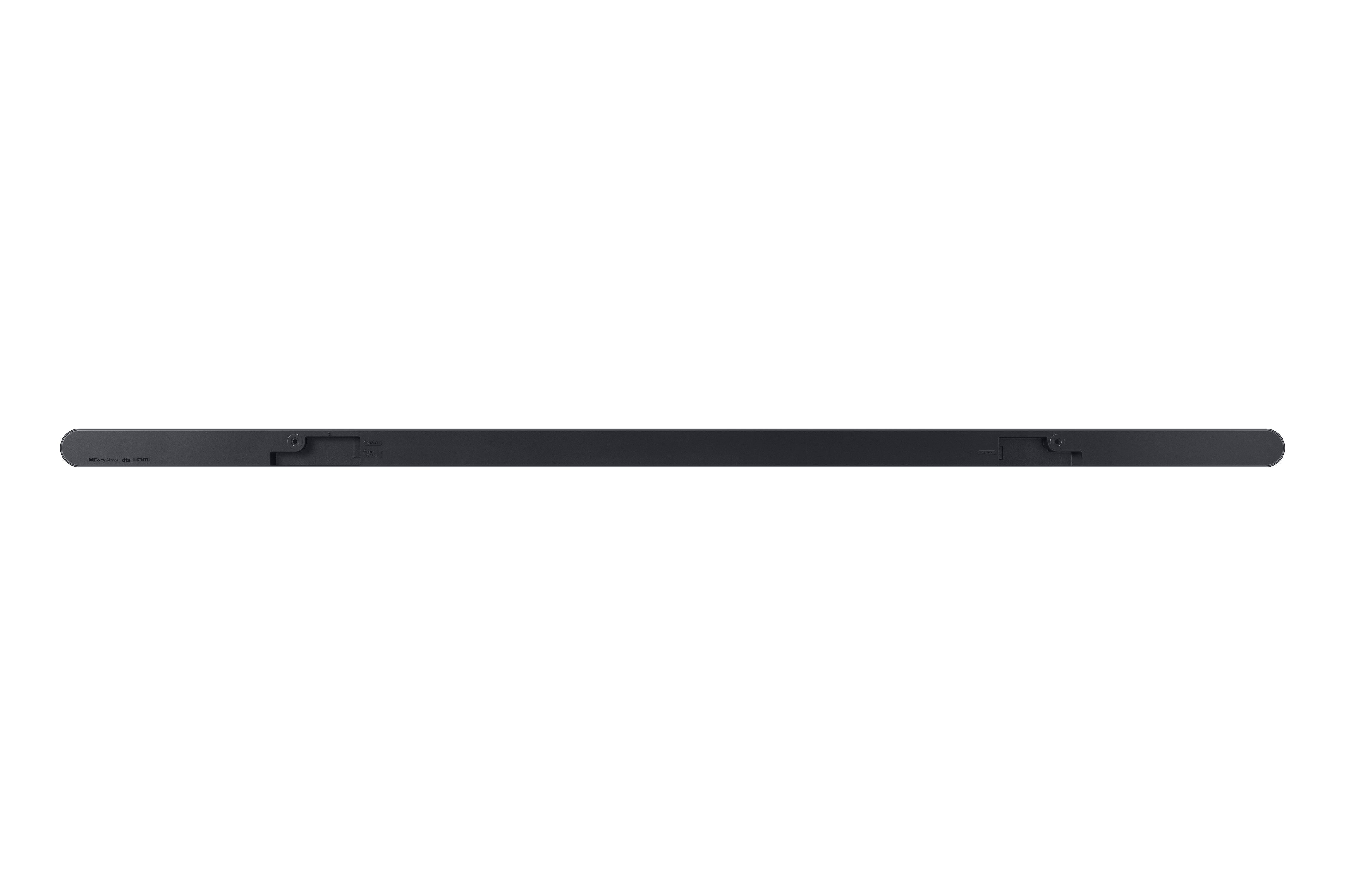 Eine lange, schwarze Soundbar. Die Oberseite hat einen Namen. Sie ist horizontal und liegt auf weißem Grund.