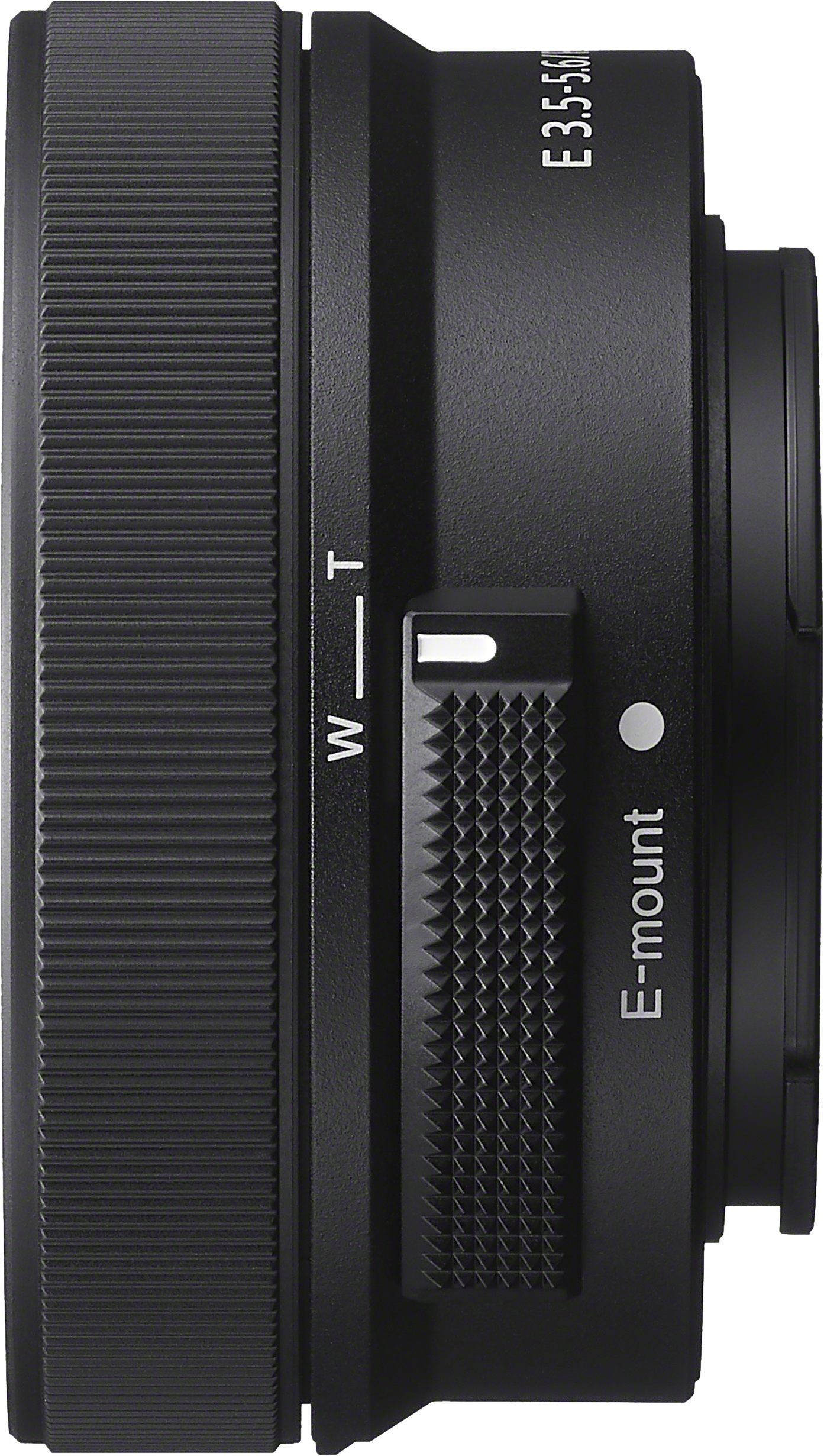 Un primo piano di un obiettivo nero con marcature 'E-mount' e anello zoom visibili.