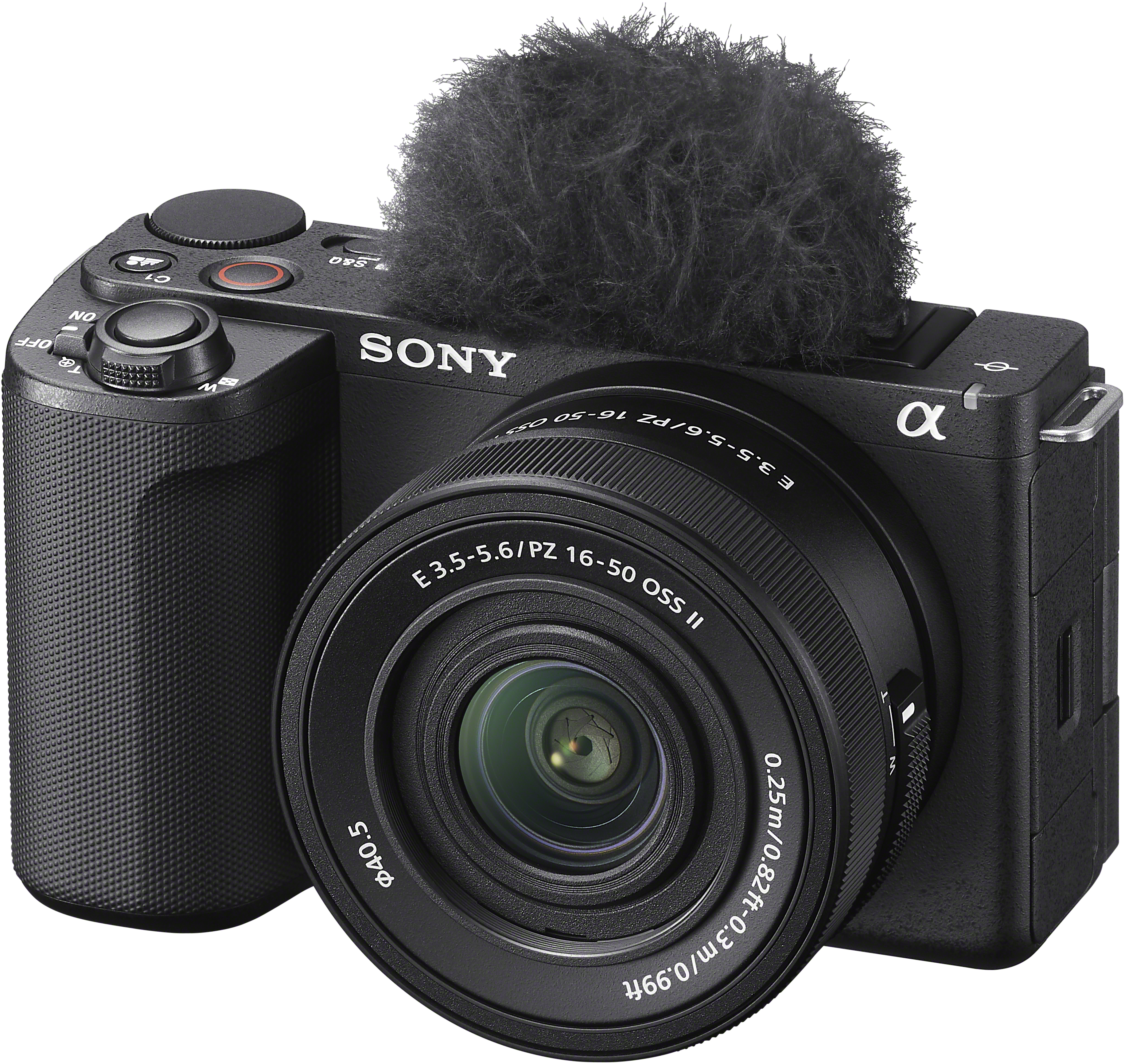 Fotocamera Sony nera con microfono. L'obiettivo è a fuoco.