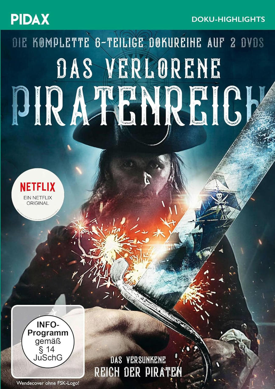 DVD-Cover für 'Das Verlorene Piratenreich', mit einem Piraten mit Schwert und einem Schiff.