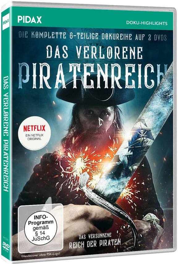 DVD-Cover: Pirat mit Schwert, Piratenschiff, Titel 'Das Verlorene Piratenreich'.