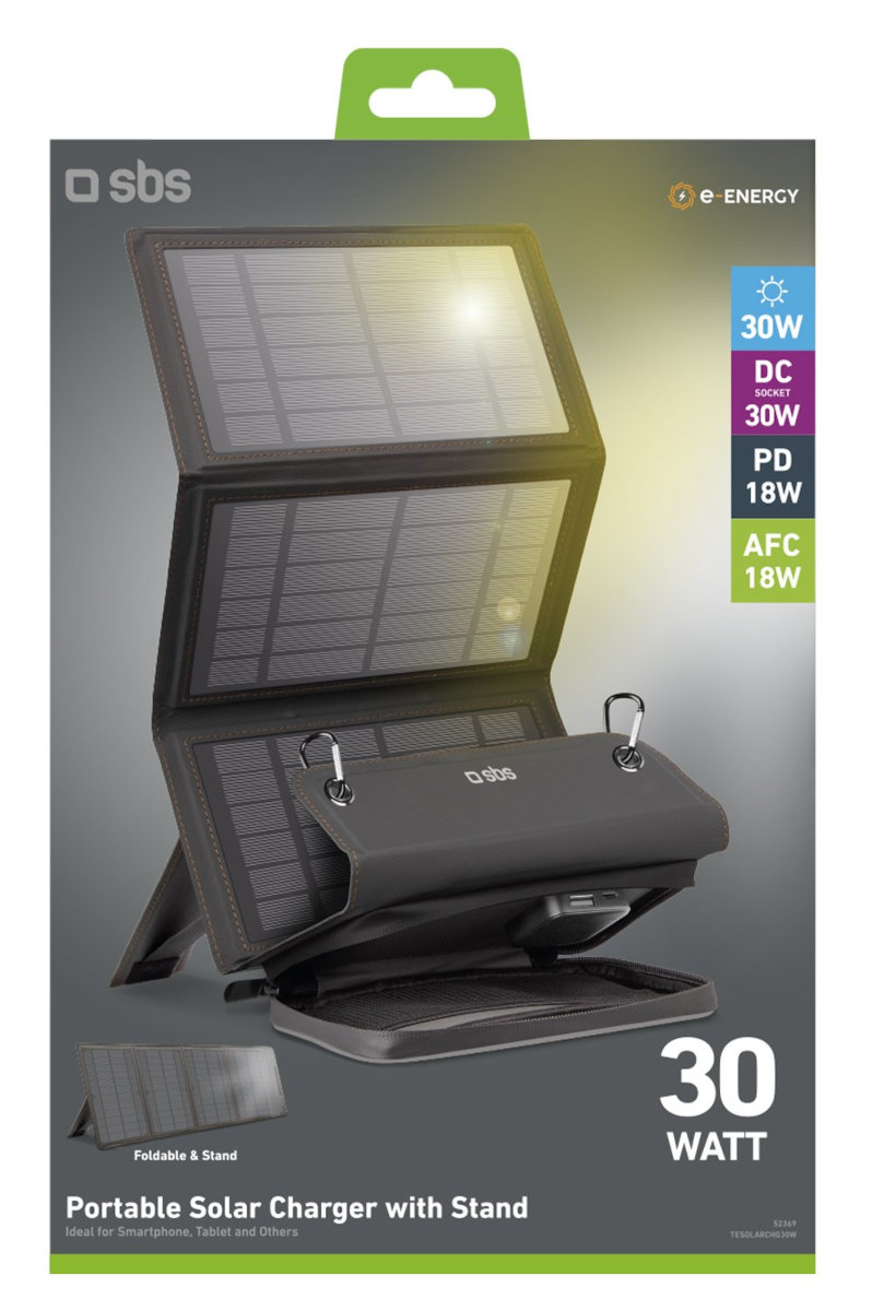 Składana ładowarka solarna ze stojakiem. Szare panele, czarna rama. Białe tło.