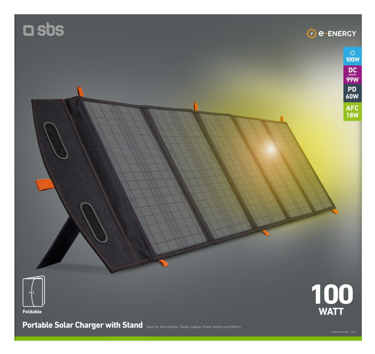 Przenośna ładowarka słoneczna ze stojakiem, otwarta. Czarny i pomarańczowy design. Szare tło.