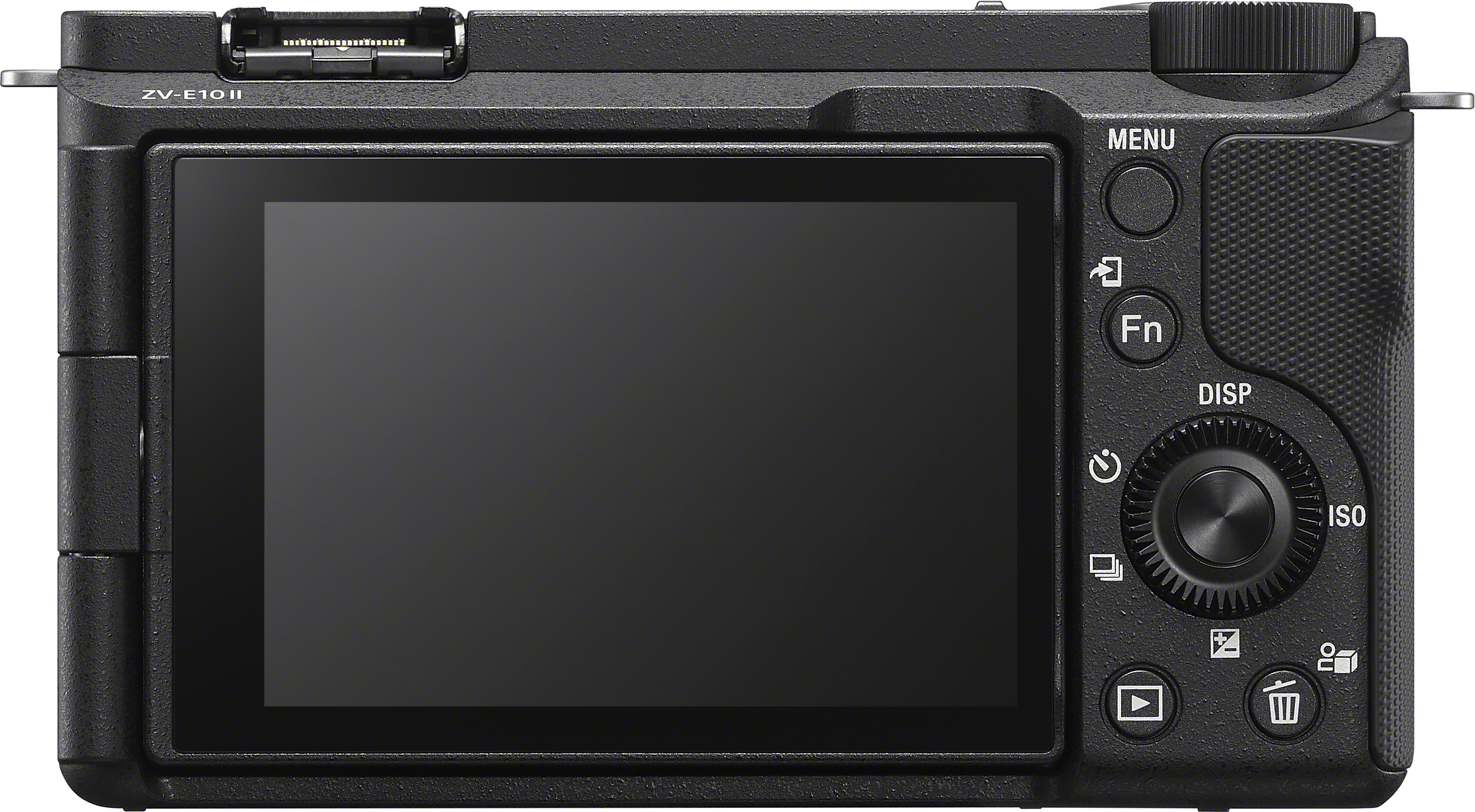 Retrocamera nera con schermo, pulsanti e ghiere. Lo schermo è spento. Pulsanti: Menu, Fn, Disp, ecc. Ghiere per ISO e impostazioni.