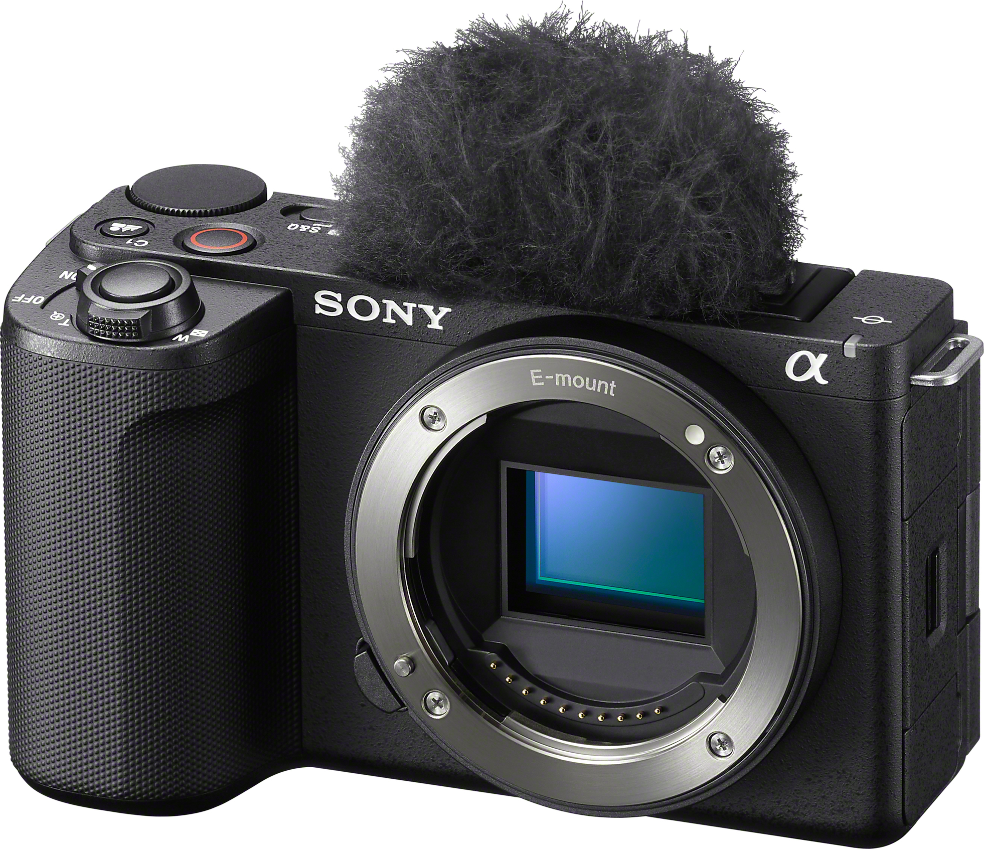 Fotocamera Sony nera con microfono peloso attaccato. Ha un obiettivo e vari pulsanti. Lo sfondo è bianco.