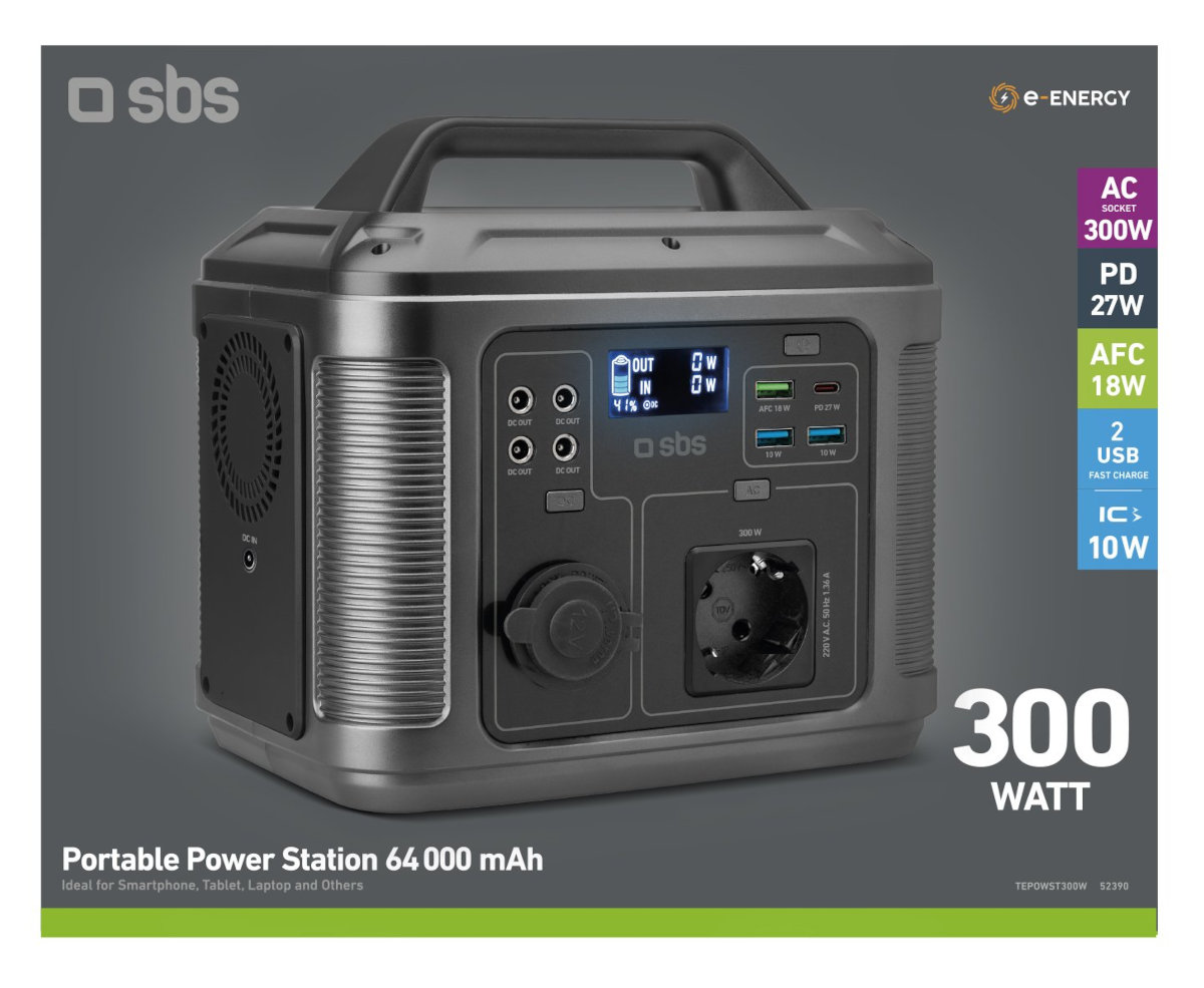 Przenośna stacja zasilania. Szara z wyświetlaczem, portami i uchwytem. Tekst: 300 WATT, Portable Power Station 64 000 mAh.