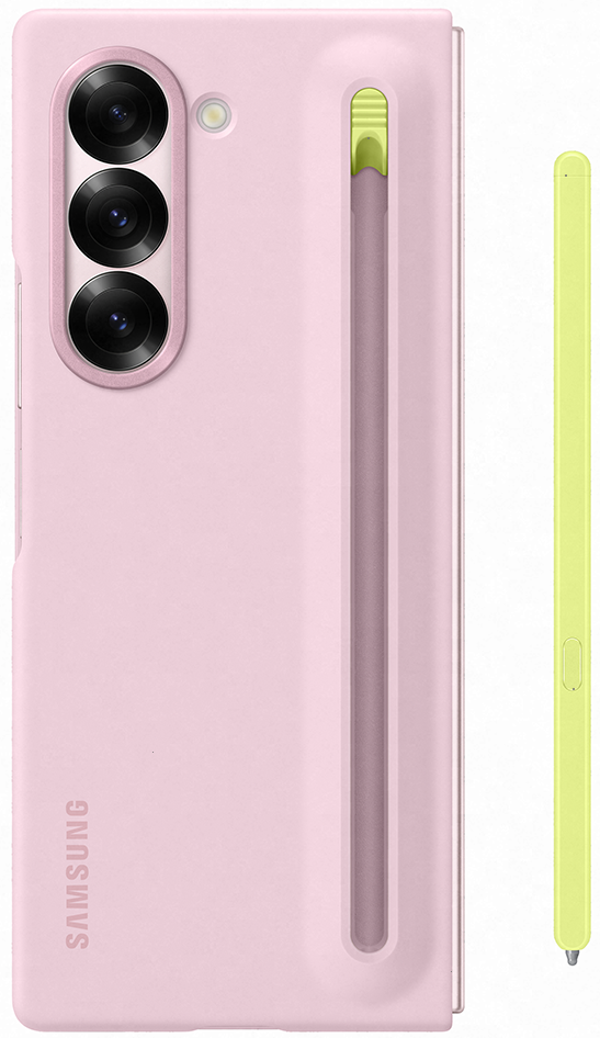 Różowe etui na telefon Samsung z piórem. Etui ma trzy obiektywy aparatu. Żółte pióro, telefon jest złożony.