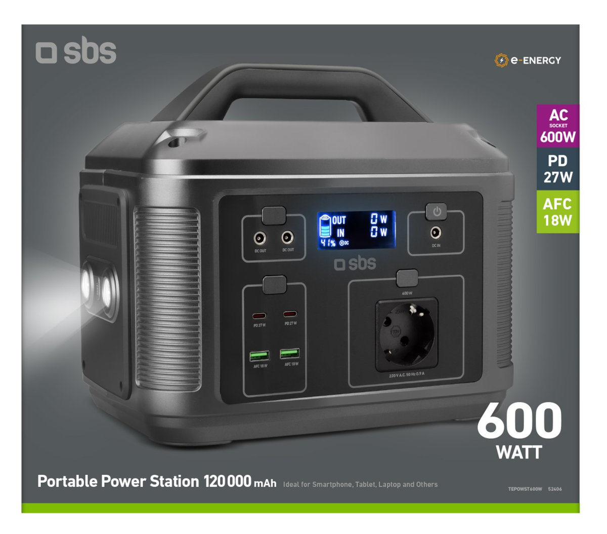 Przenośna stacja zasilania z wyświetlaczem pokazującym wyjście i wejście mocy, na białym tle.