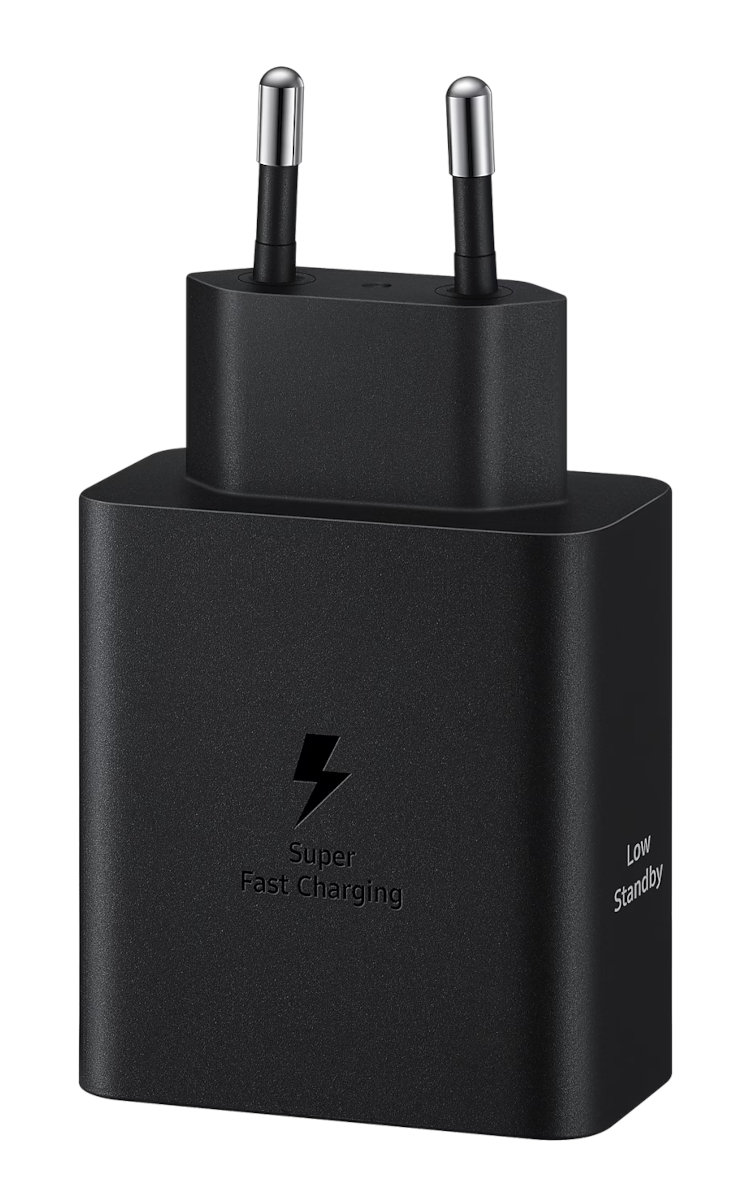 Czarna ładowarka Samsung. Ikona błyskawicy, "Super Fast Charging" i "Low Standby" z przodu.