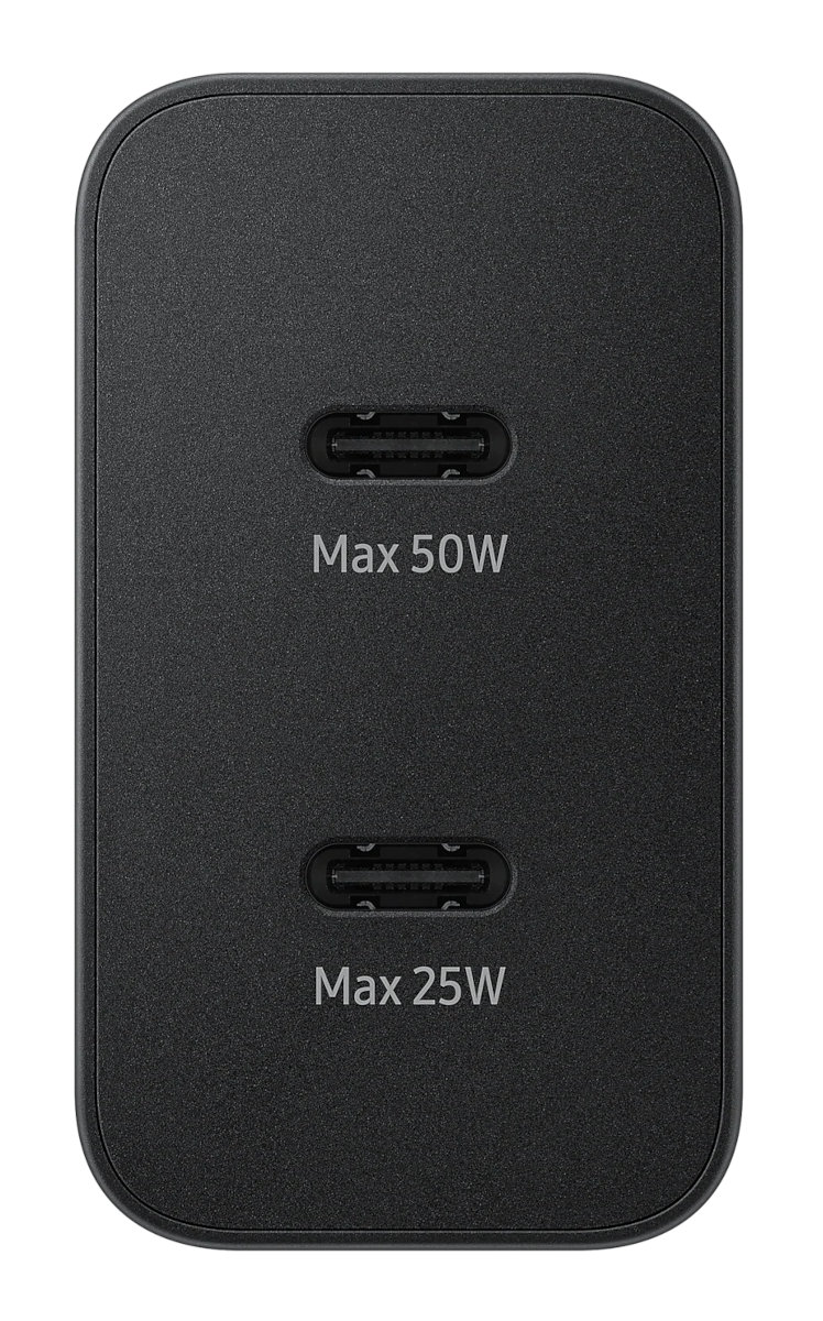 Czarna ładowarka Samsung z dwoma portami USB-C oznaczonymi jako Max 50W i Max 25W.