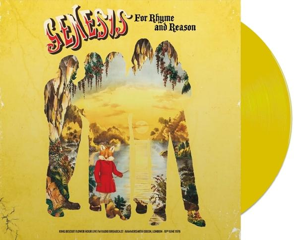 Sárga bakelit lemez, Genesis album borító: alakok rókával, erdő jelenet, szöveg 'For Rhyme...'