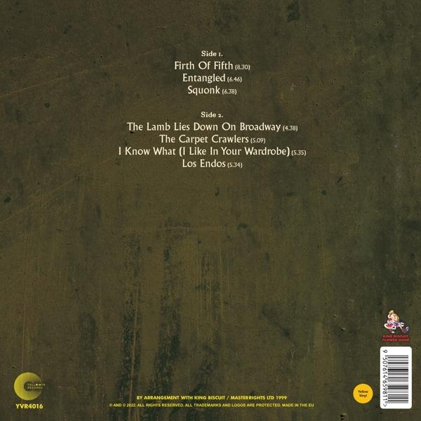 Vinil hanglemez hátlapja. A szöveg a dalokat sorolja fel, 1. és 2. oldal. Sárga vinil, borító, szerzői jogi infó.