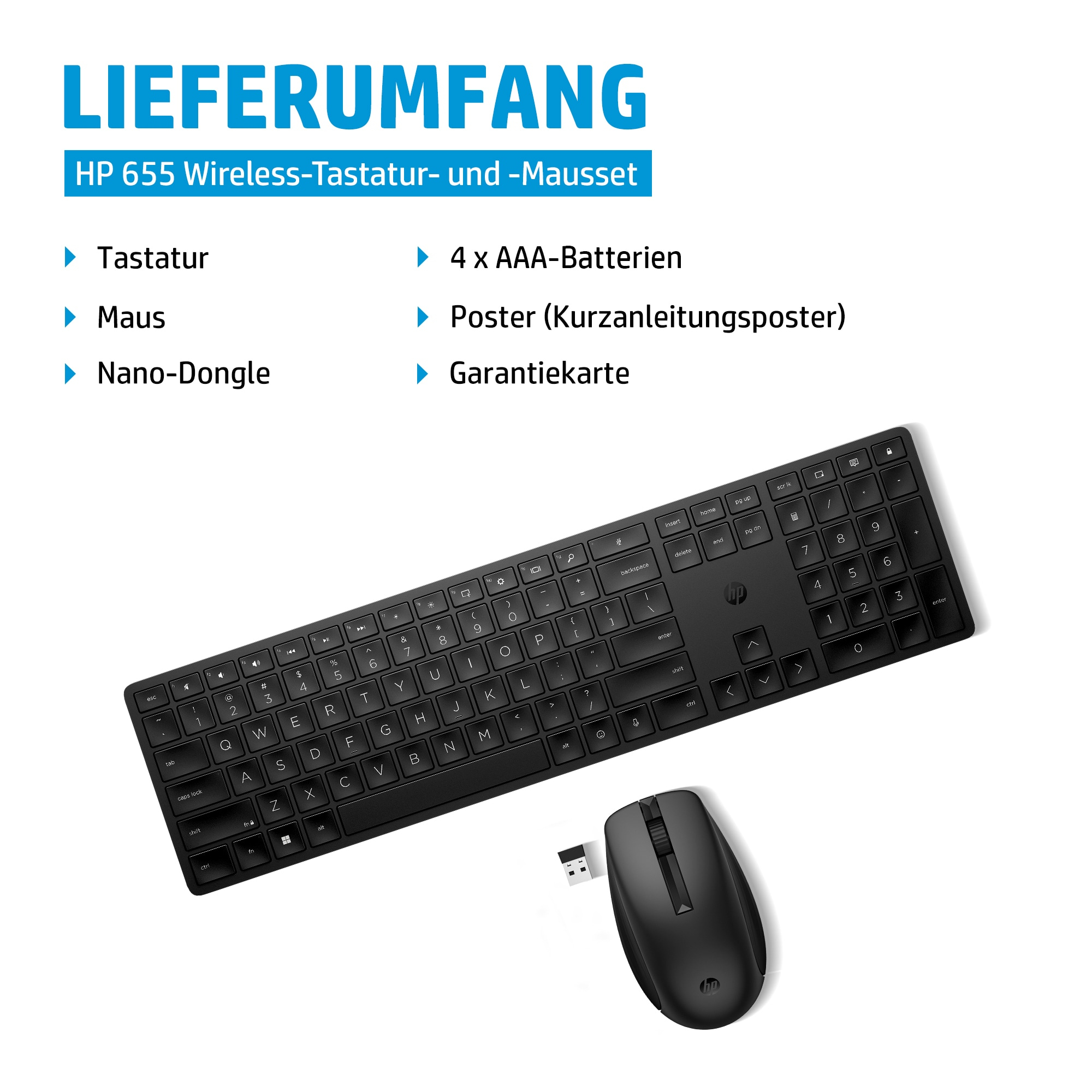 HP kabelloses Tastatur- und Maus-Set. Schwarze Tastatur, Maus und Nano-Dongle. Weißer Hintergrund.