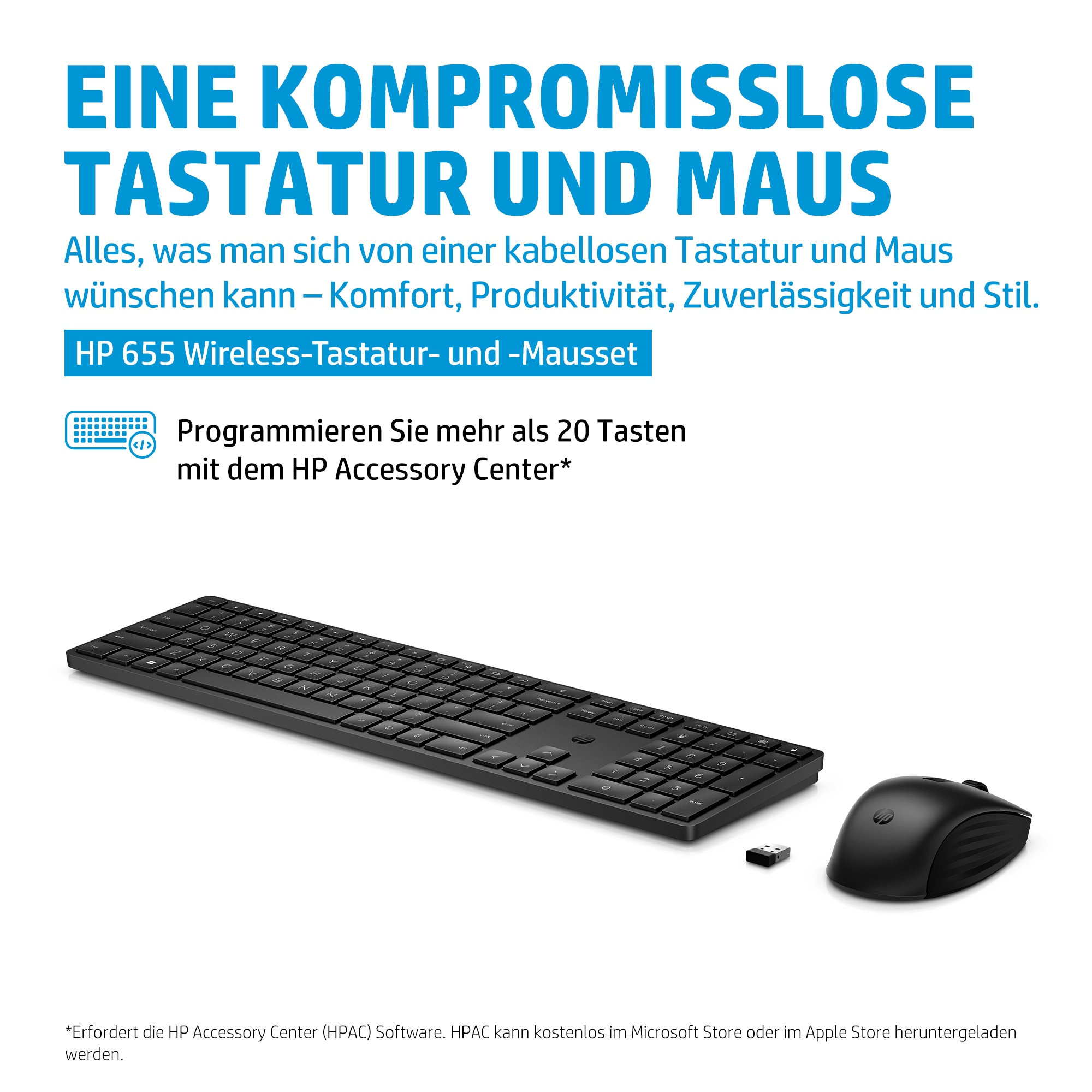 Schwarze Tastatur und Maus. Text: Eine kompromisslose Tastatur und Maus. Auf weißem Hintergrund.