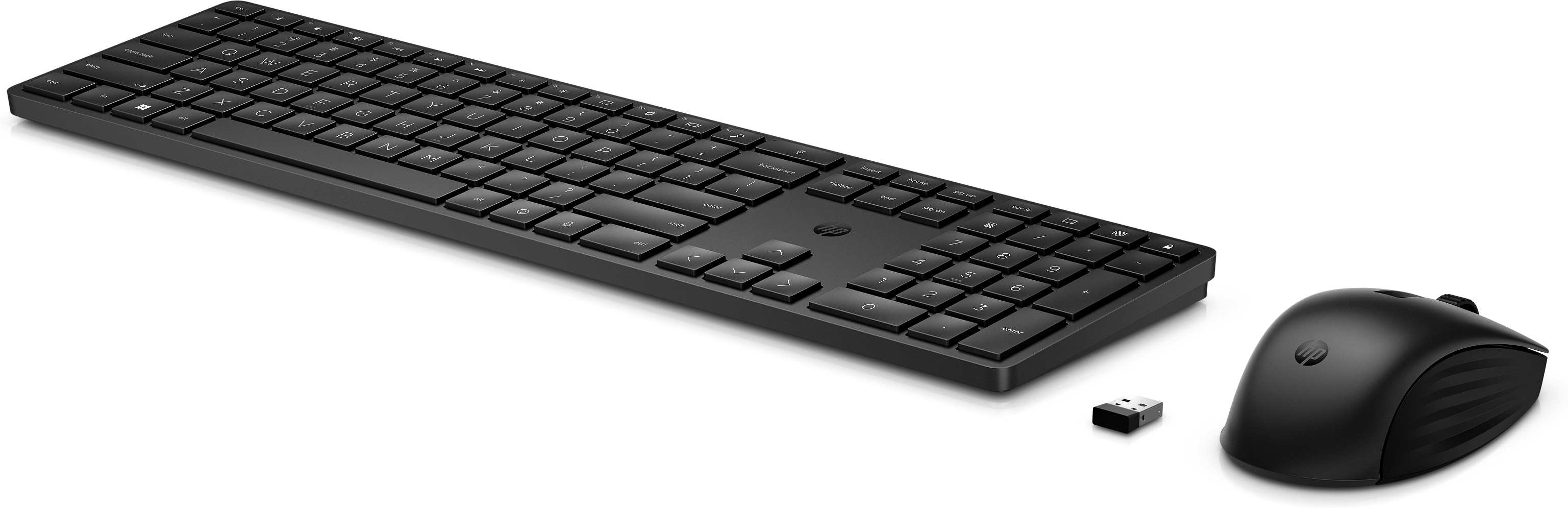 Schwarzes Tastatur- und Maus-Set mit USB-Empfänger.