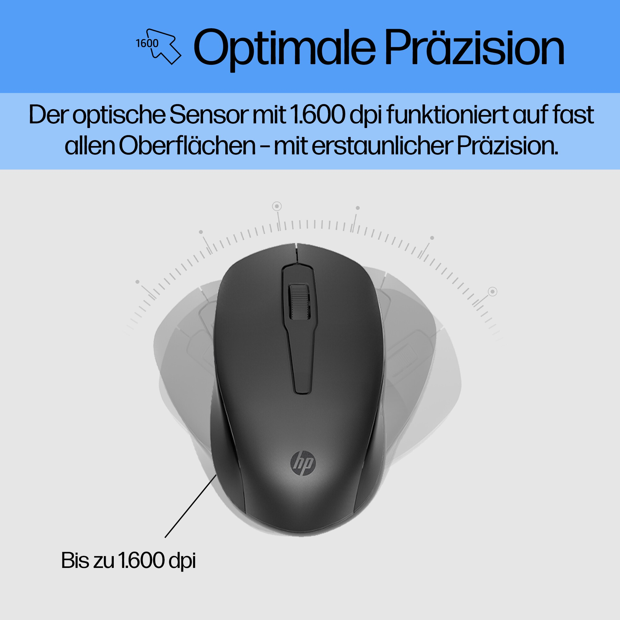 Schwarze HP-Maus mit Scrollrad, Text über Präzision und HP-Logo auf blauem Hintergrund.