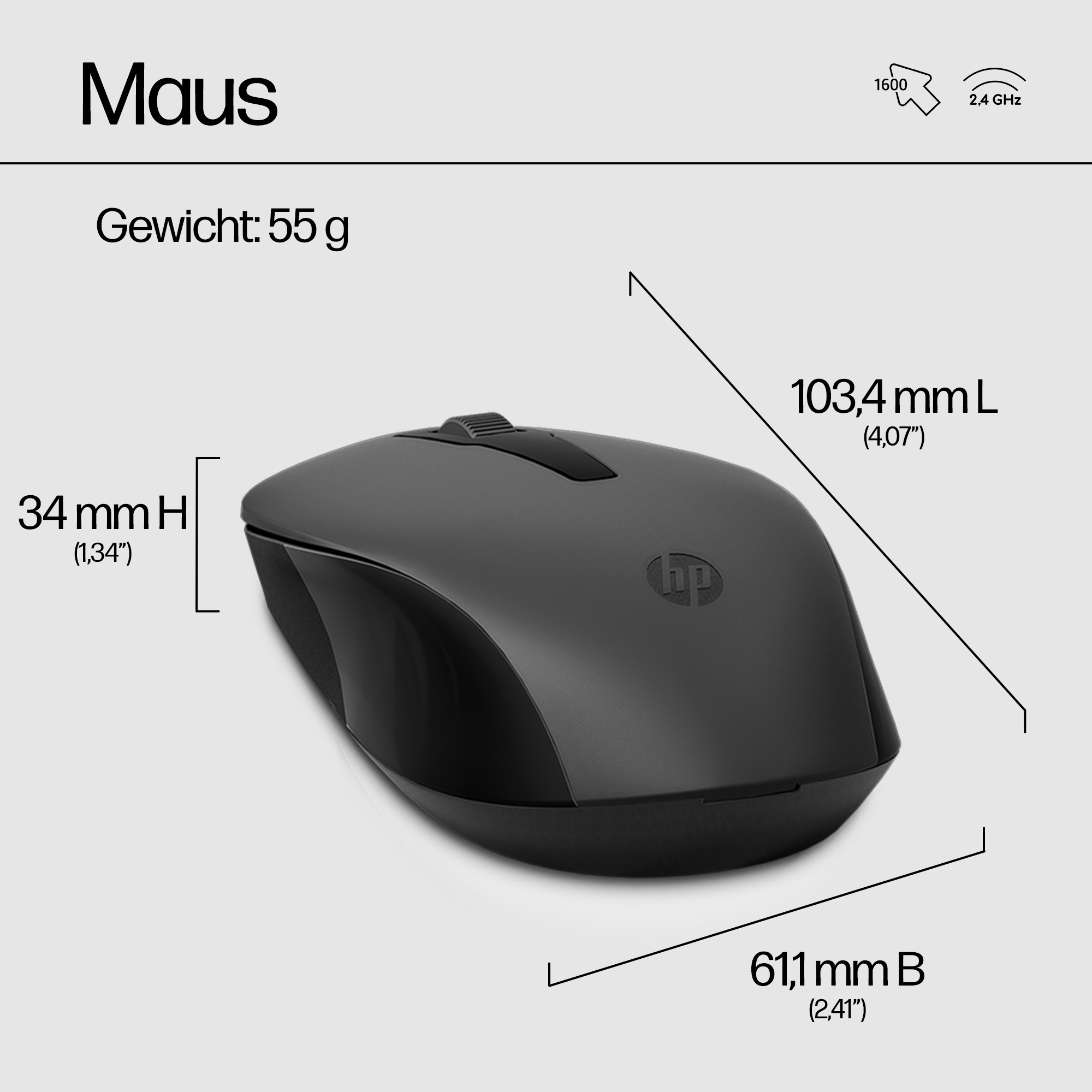Eine schwarze Maus mit angezeigten Abmessungen. Die Maus hat ein HP-Logo.