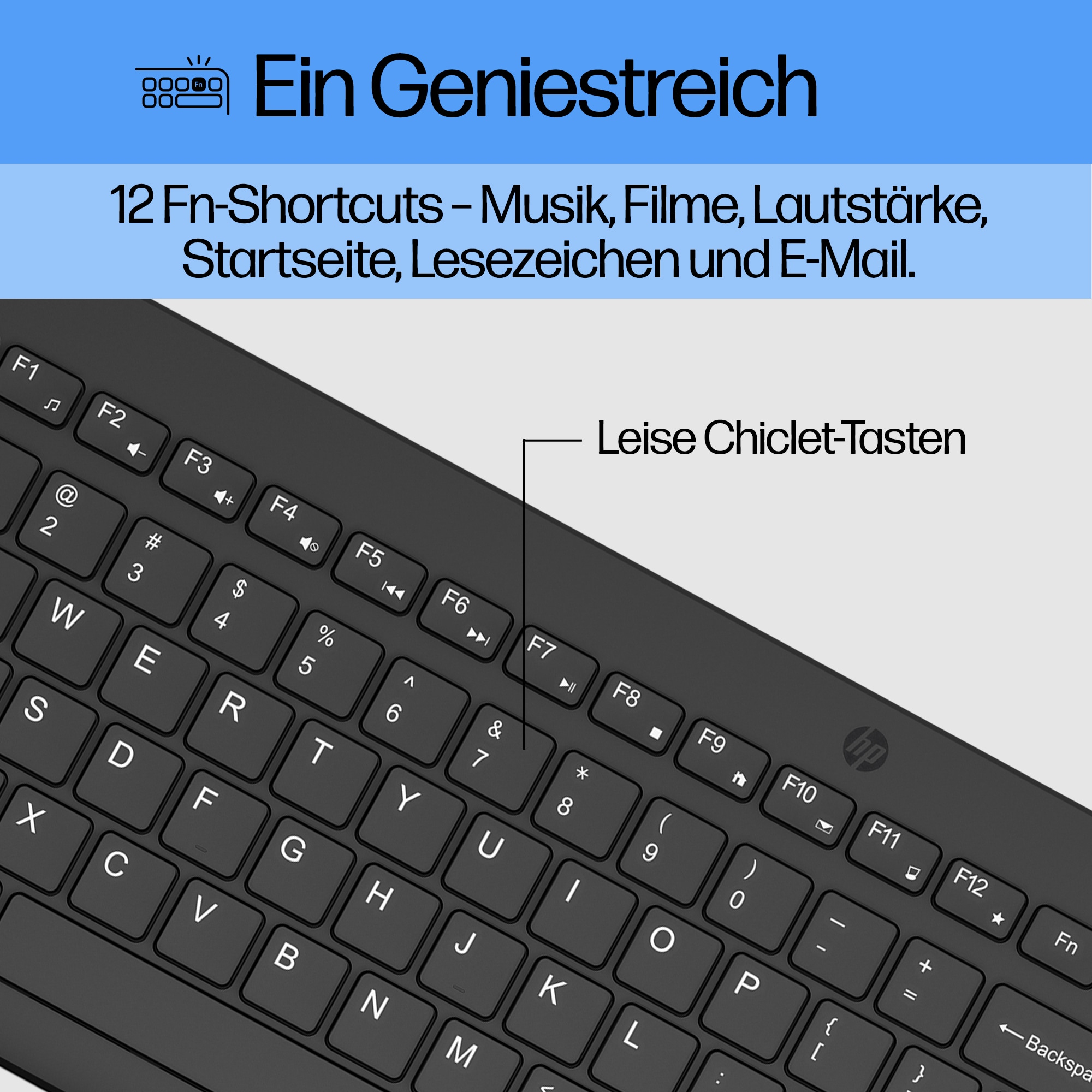 Eine schwarze Tastatur mit weißen Tasten. Der Text lautet "Ein Geniestreich" und "Leise Chiclet-Tasten".
