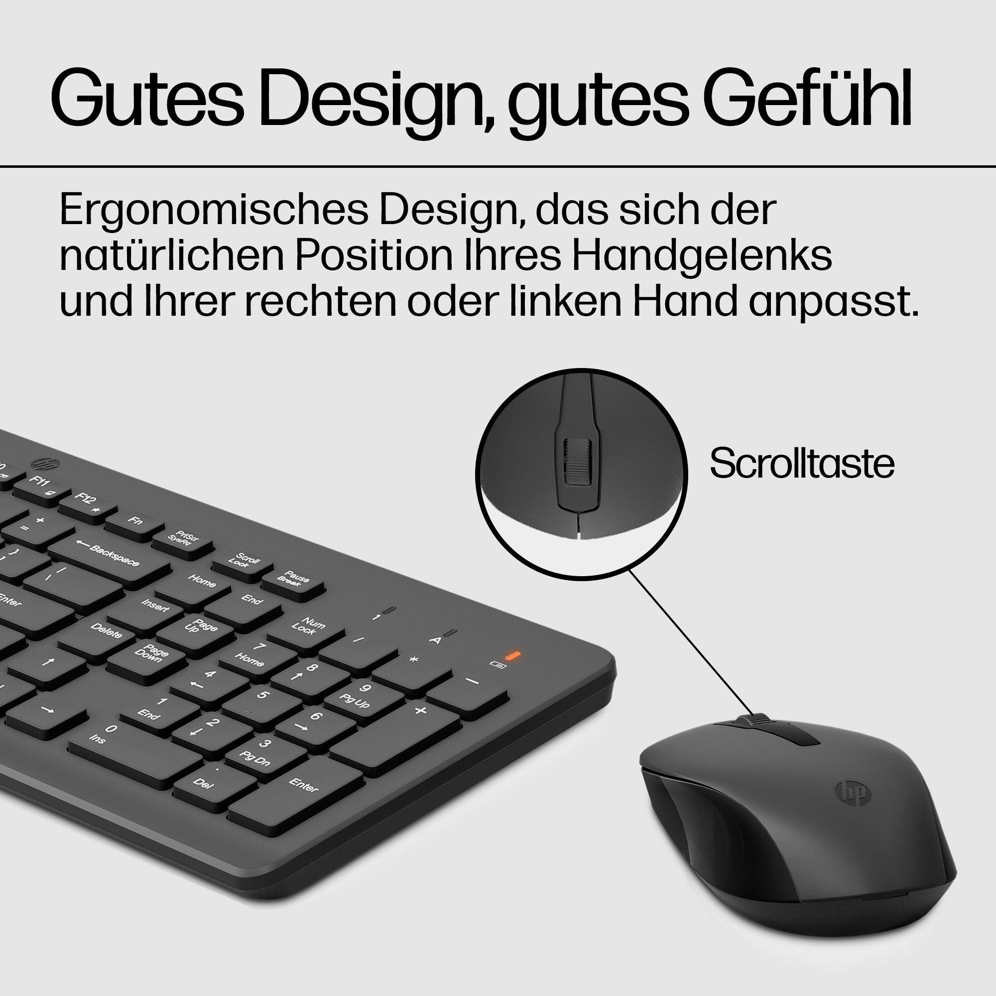Schwarzes Tastatur- und Maus-Set, Nahaufnahme des Maus-Scrollrads.