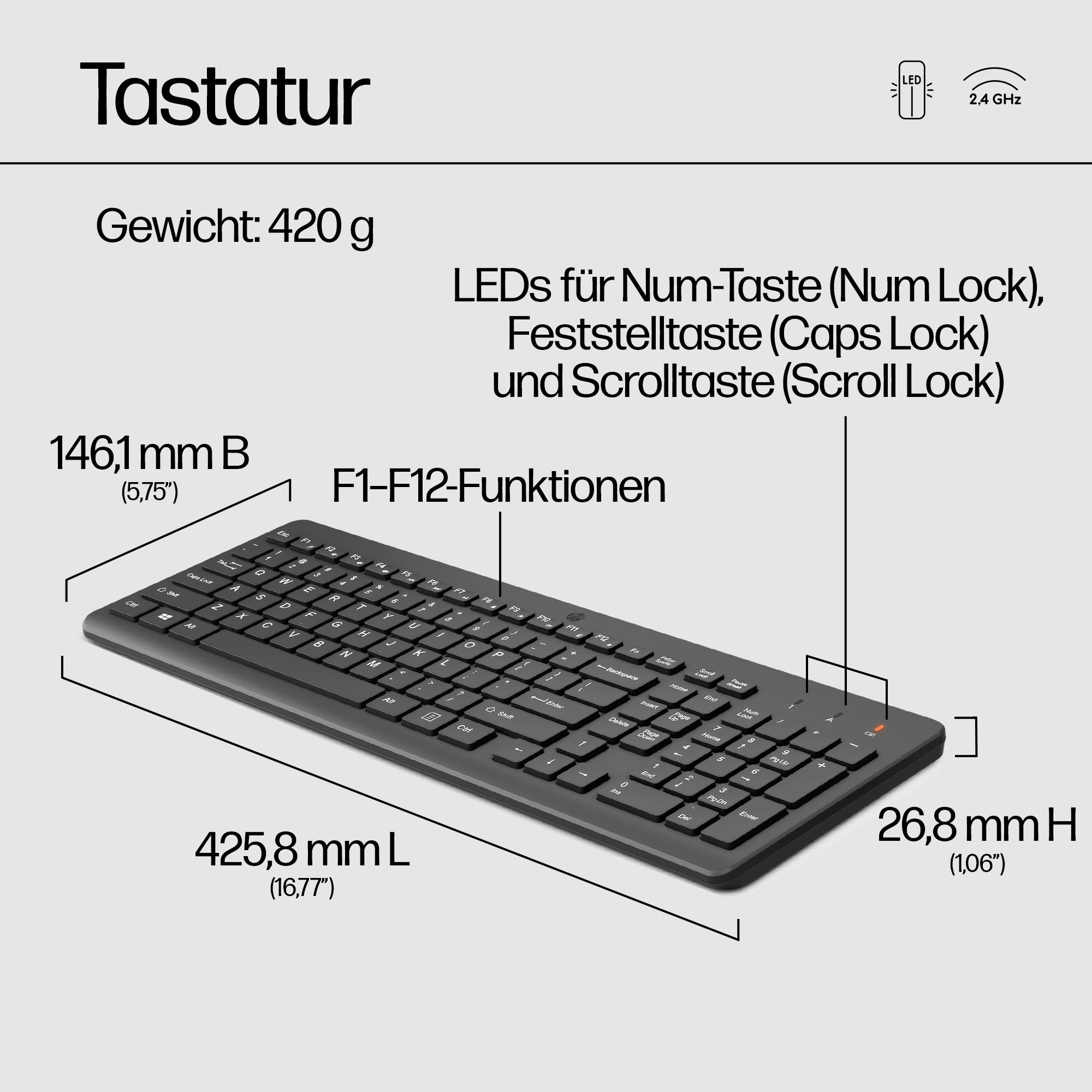 Schwarze Tastatur mit Maßangaben, einschließlich Tasten und Funktionen.
