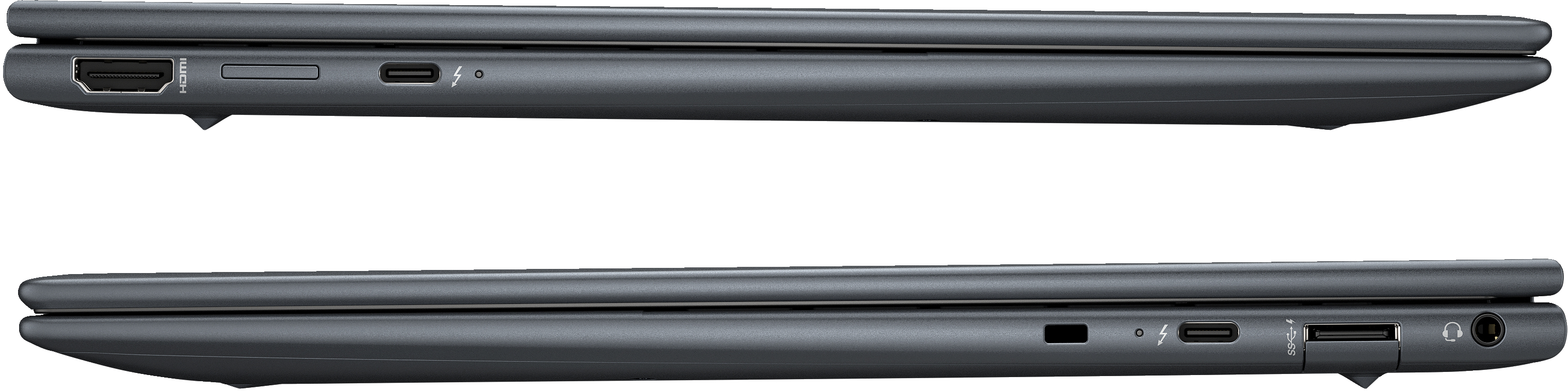 Zwei Seitenansichten eines geschlossenen, dunkelgrauen Laptops, mit Anschlüssen und minimalistischem Design.