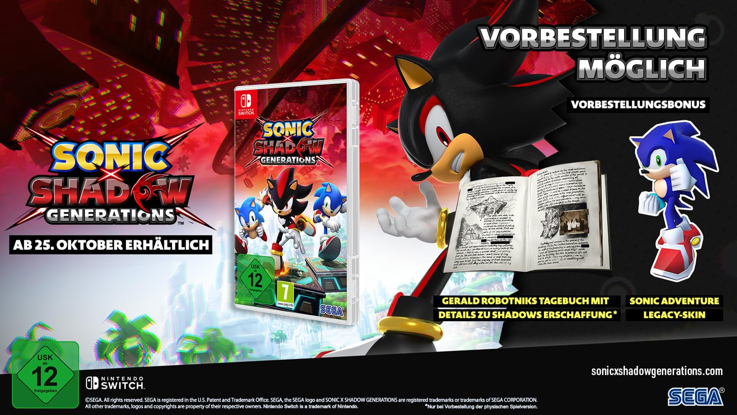 Boîte de jeu Sonic et Sonic tenant un livre, avec le texte Sonic Shadow Generations.