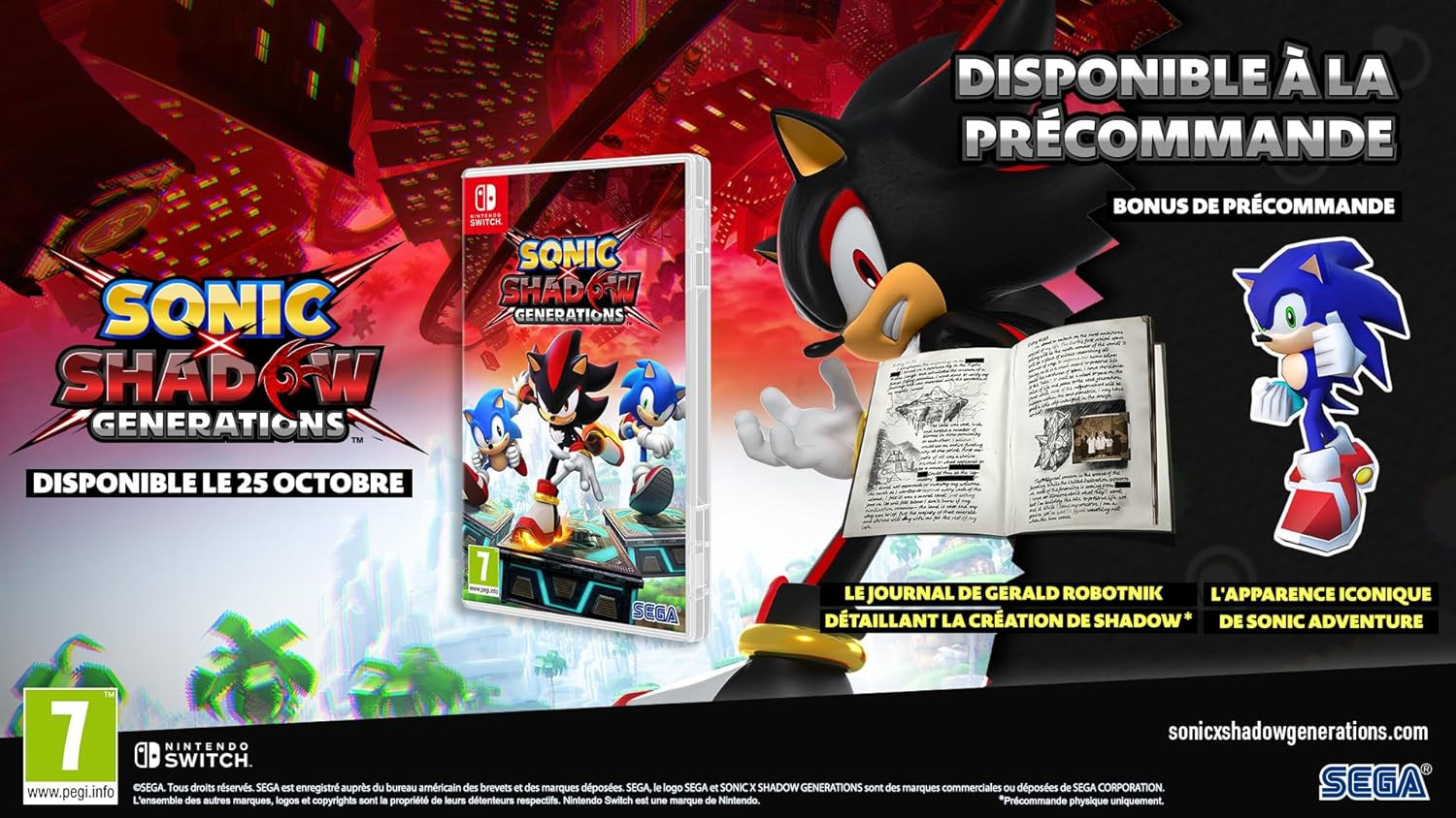 Una scatola di gioco con i personaggi di Sonic e Shadow con dettagli di preordine.