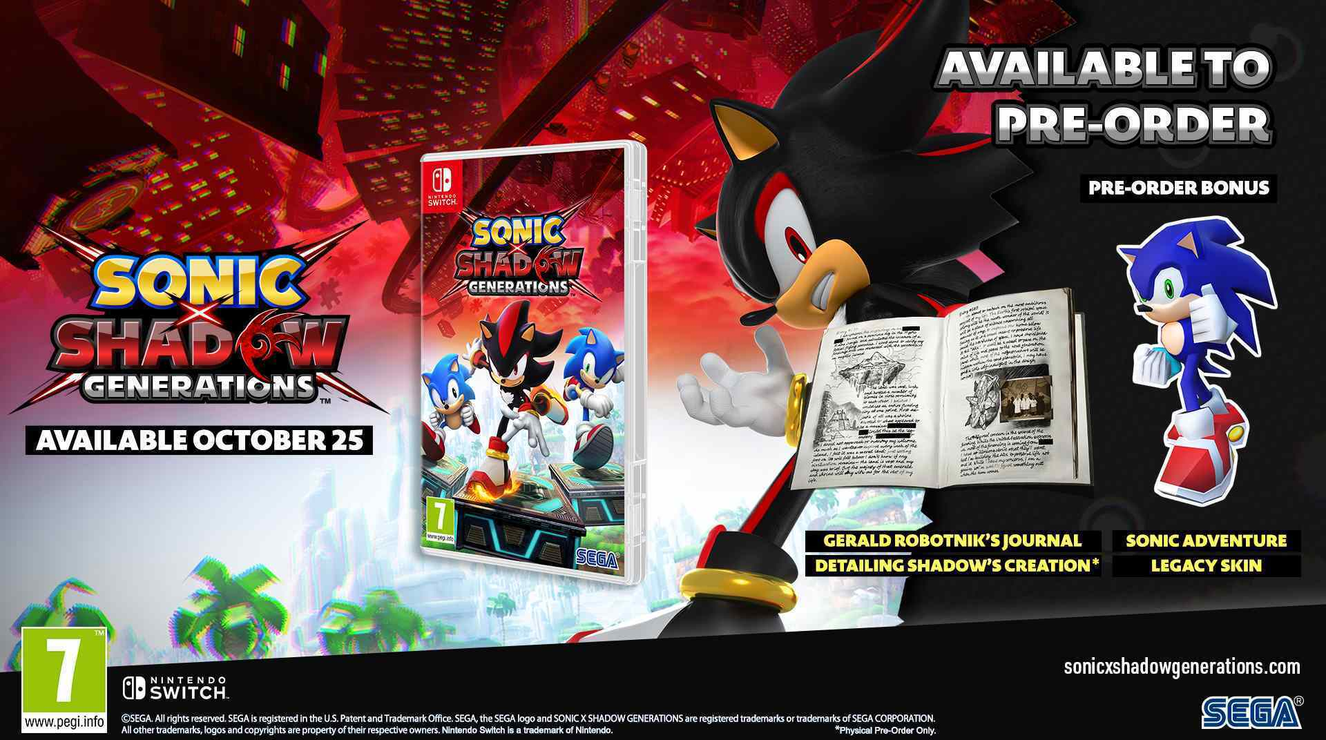 Boîte de jeu et personnages de Sonic Shadow Generations. Texte sur la date de sortie et bonus de précommande.