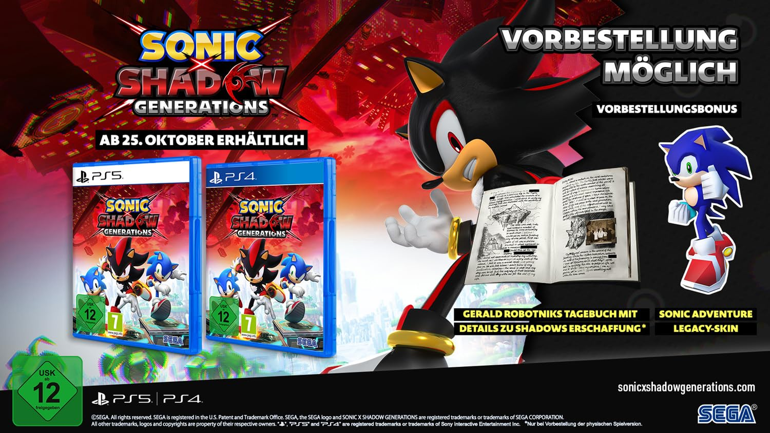 Sonic et Shadow du jeu Sonic Shadow Generations. Boîtiers de jeu et bonus visibles.