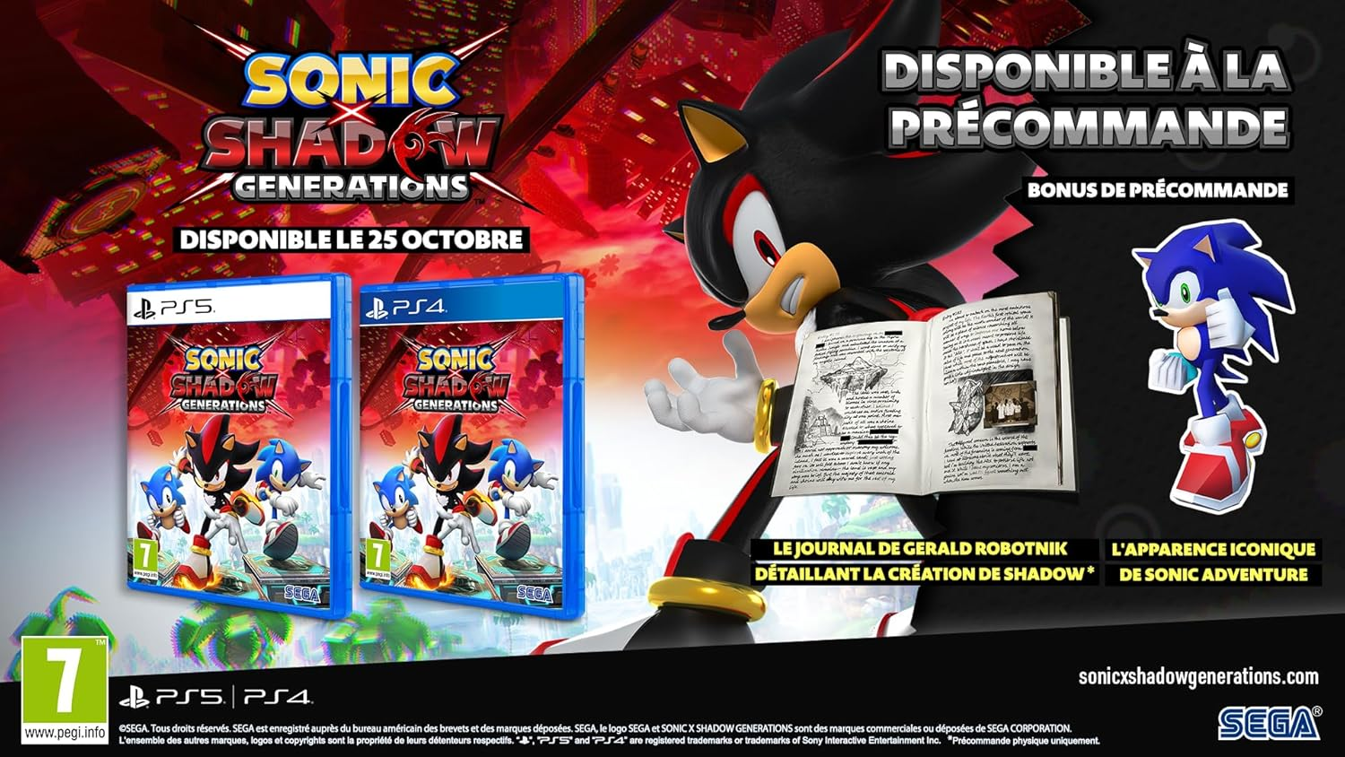 Sonic and Shadow Generations Spielbox-Art mit Text und Charakterbildern.