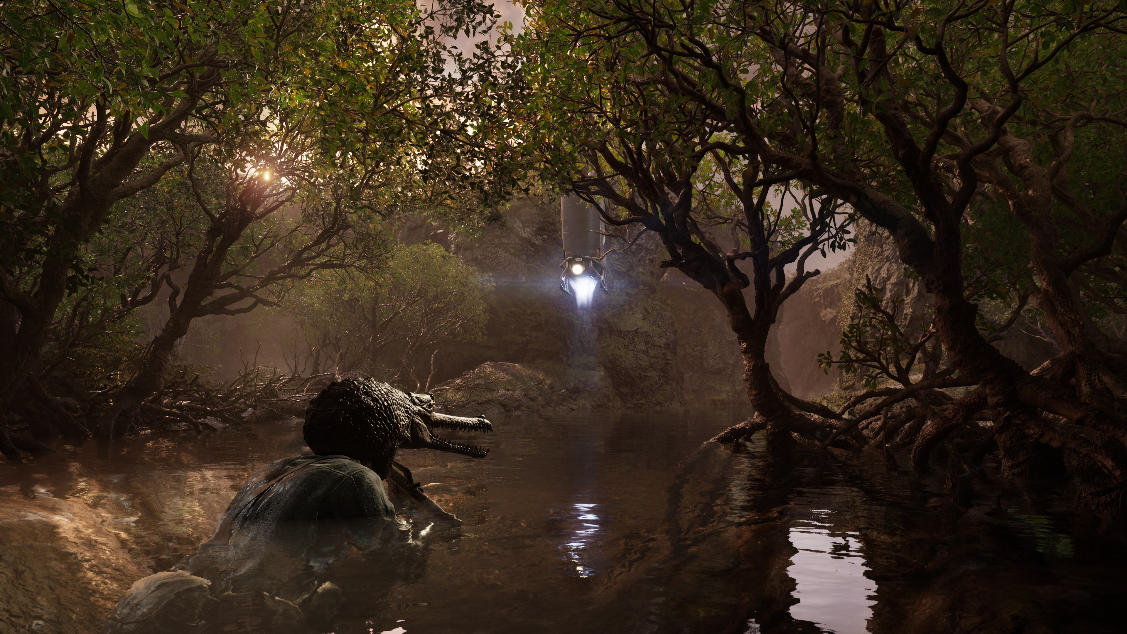 Un crocodile émerge de l'eau dans une forêt. Un vaisseau spatial est au loin. Les arbres entourent l'eau avec le soleil qui brille.