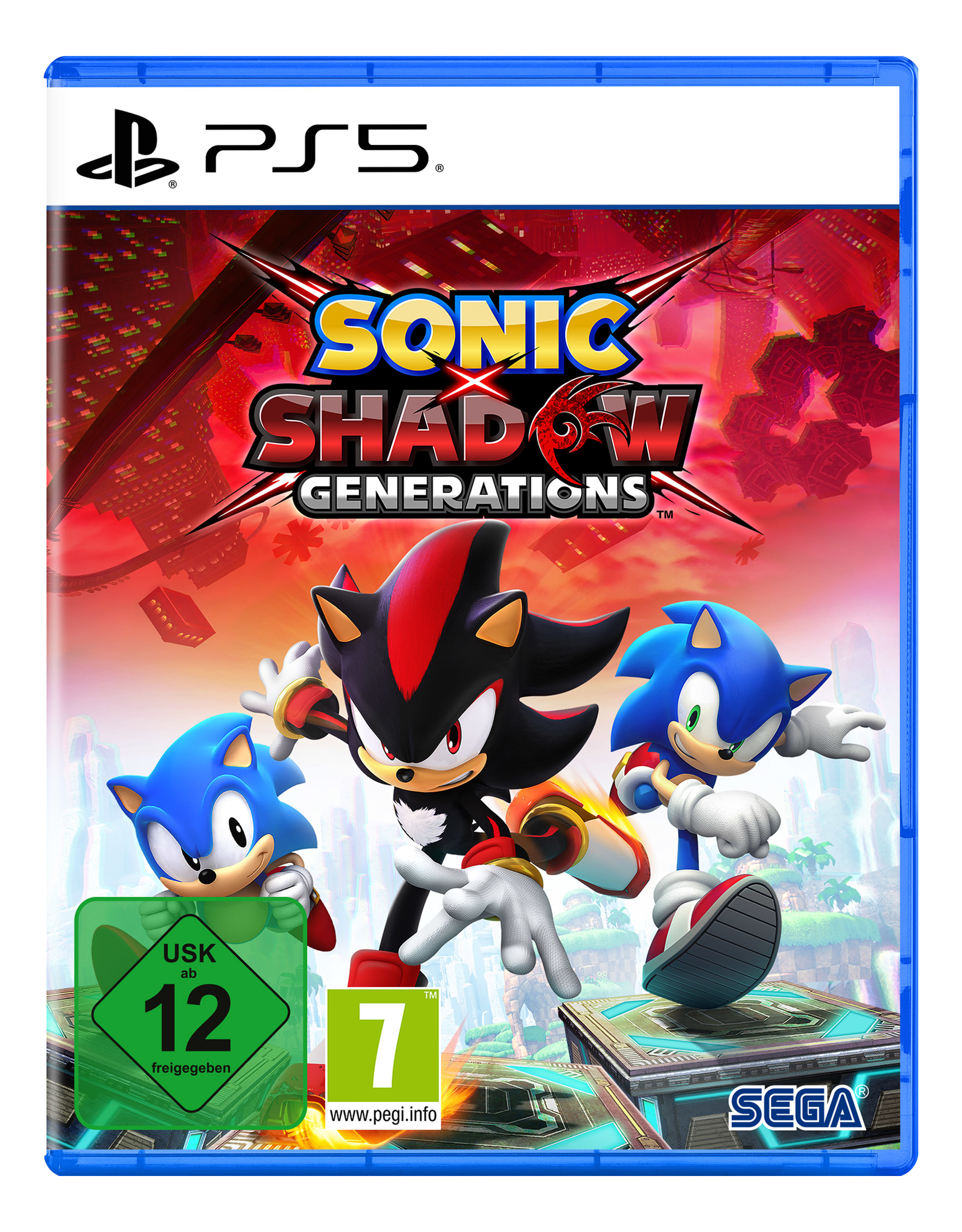 Boîtier de jeu PS5, personnages Sonic, titre 'Sonic Shadow Generations'.