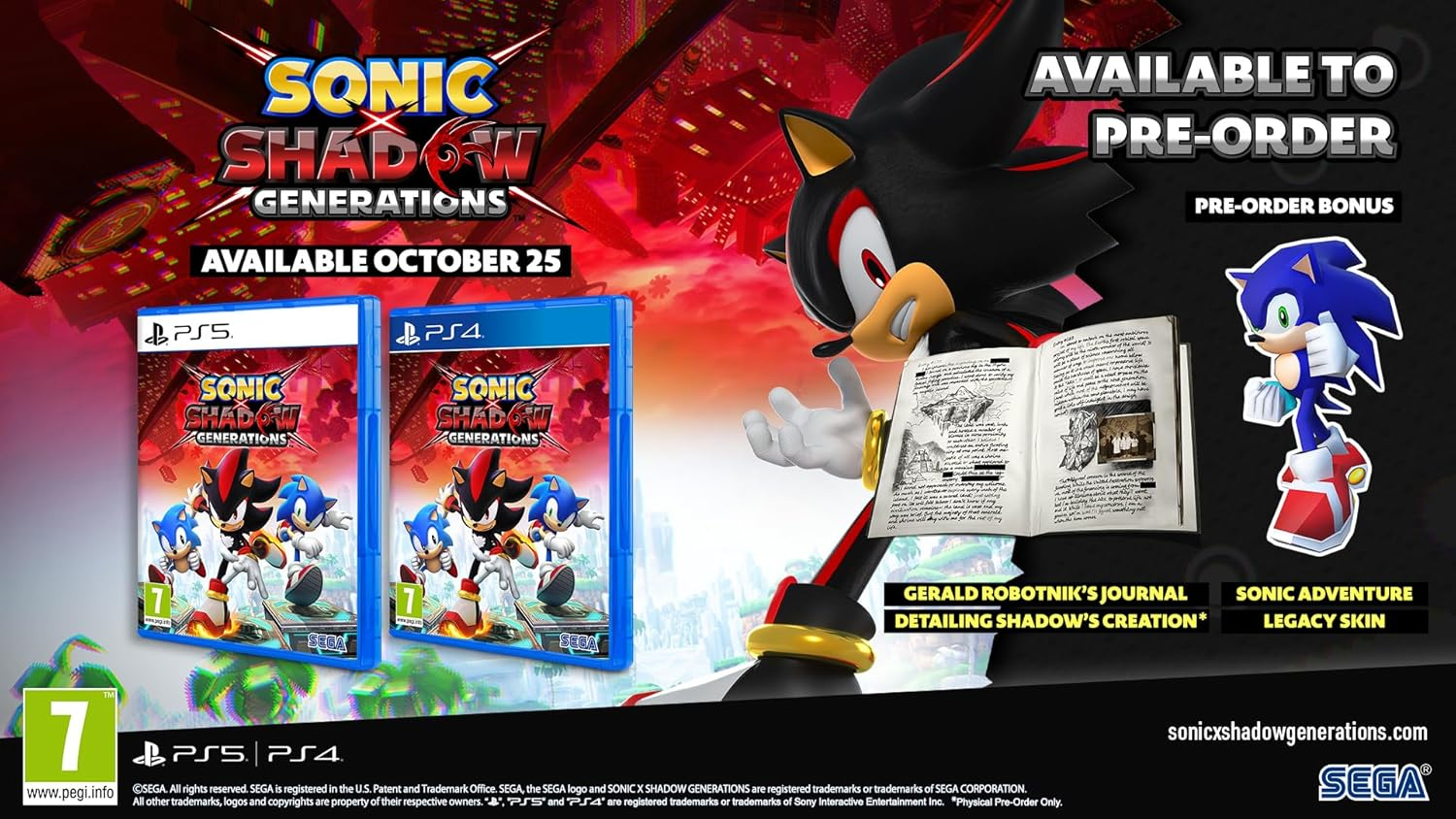 Sonic- und Shadow-Spielehüllen, Shadow liest ein Buch, Sonic und Text auf rotem Hintergrund.