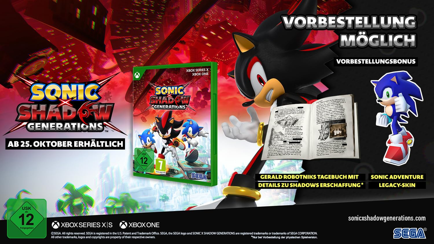 Personnages de Sonic et Shadow faisant la promotion d'un jeu vidéo, avec boîte et livre.